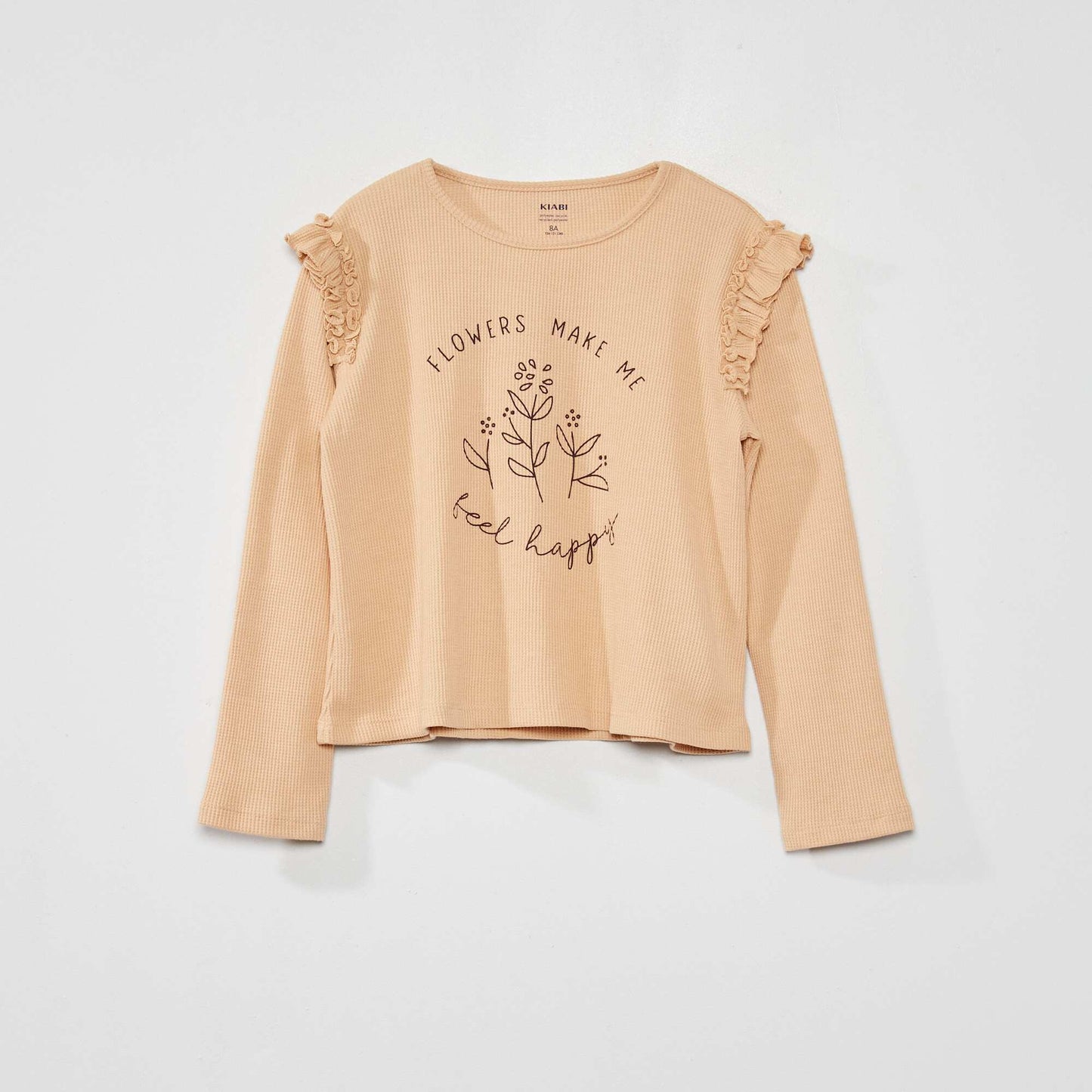 Waffle-knit T-shirt with ruffles BEIGE