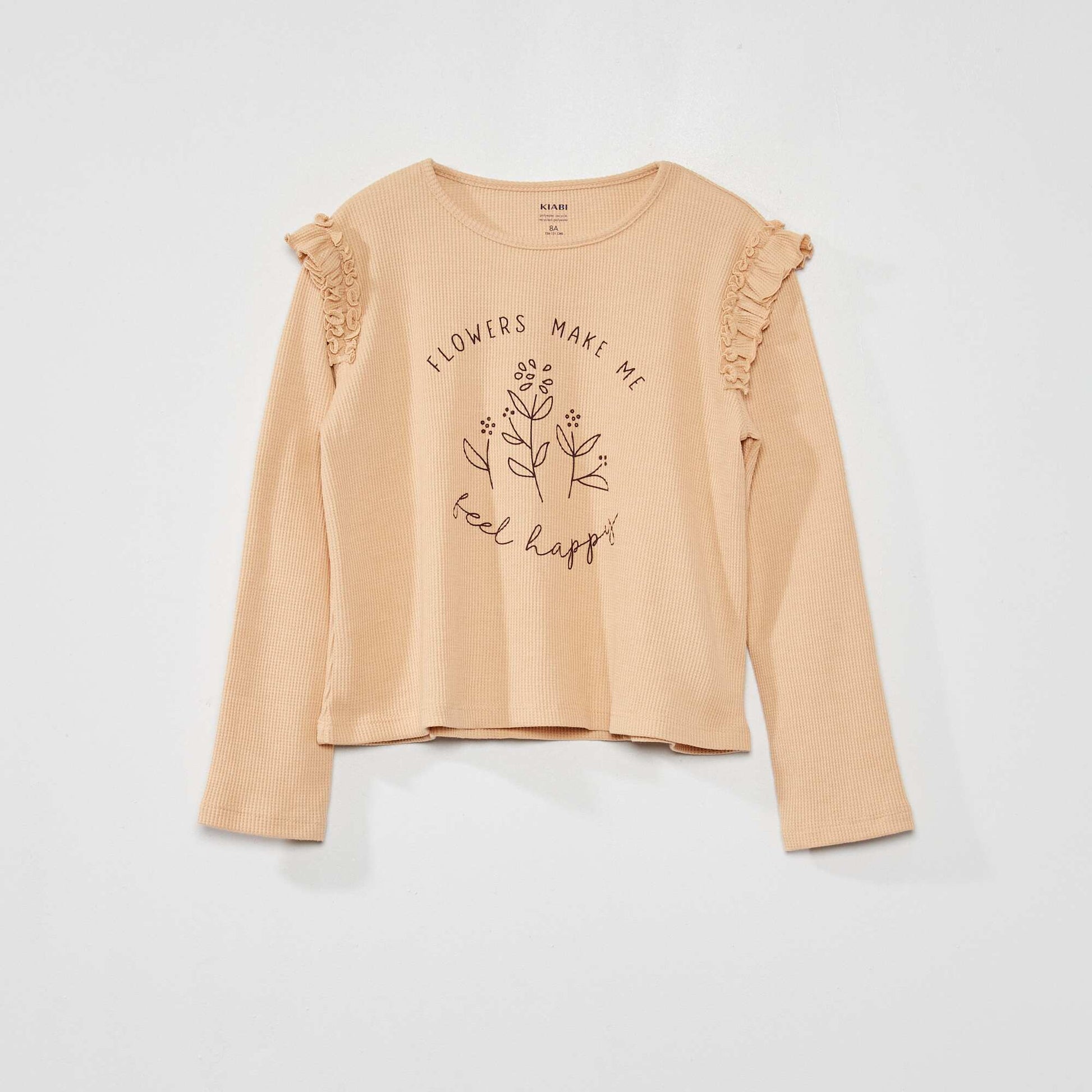 Waffle-knit T-shirt with ruffles BEIGE