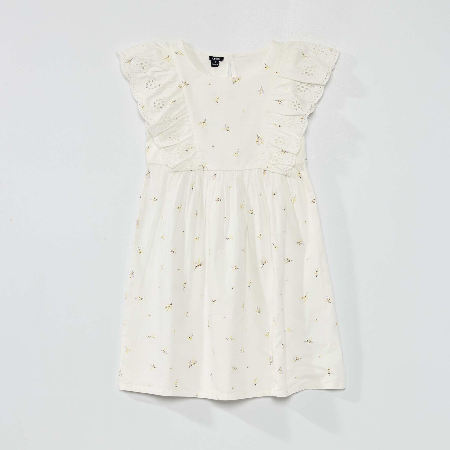 Patterned dress with ruffles and broderie anglaise WHITE