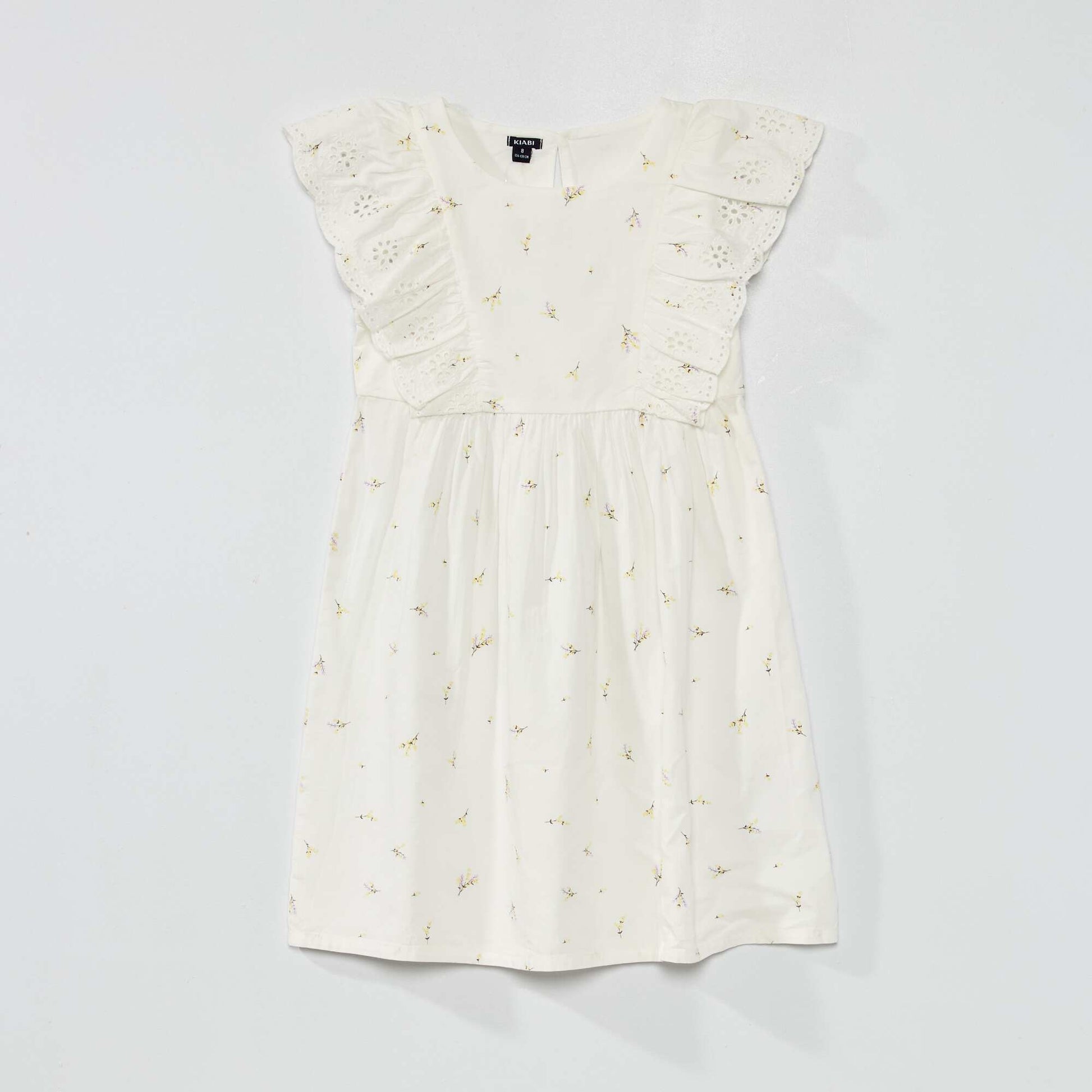 Patterned dress with ruffles and broderie anglaise WHITE