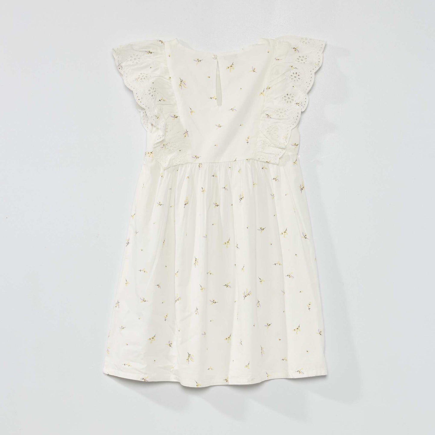 Patterned dress with ruffles and broderie anglaise WHITE