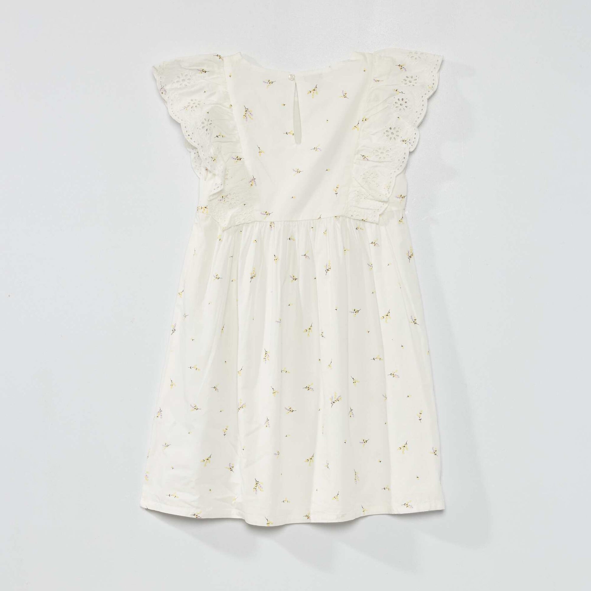 Patterned dress with ruffles and broderie anglaise WHITE