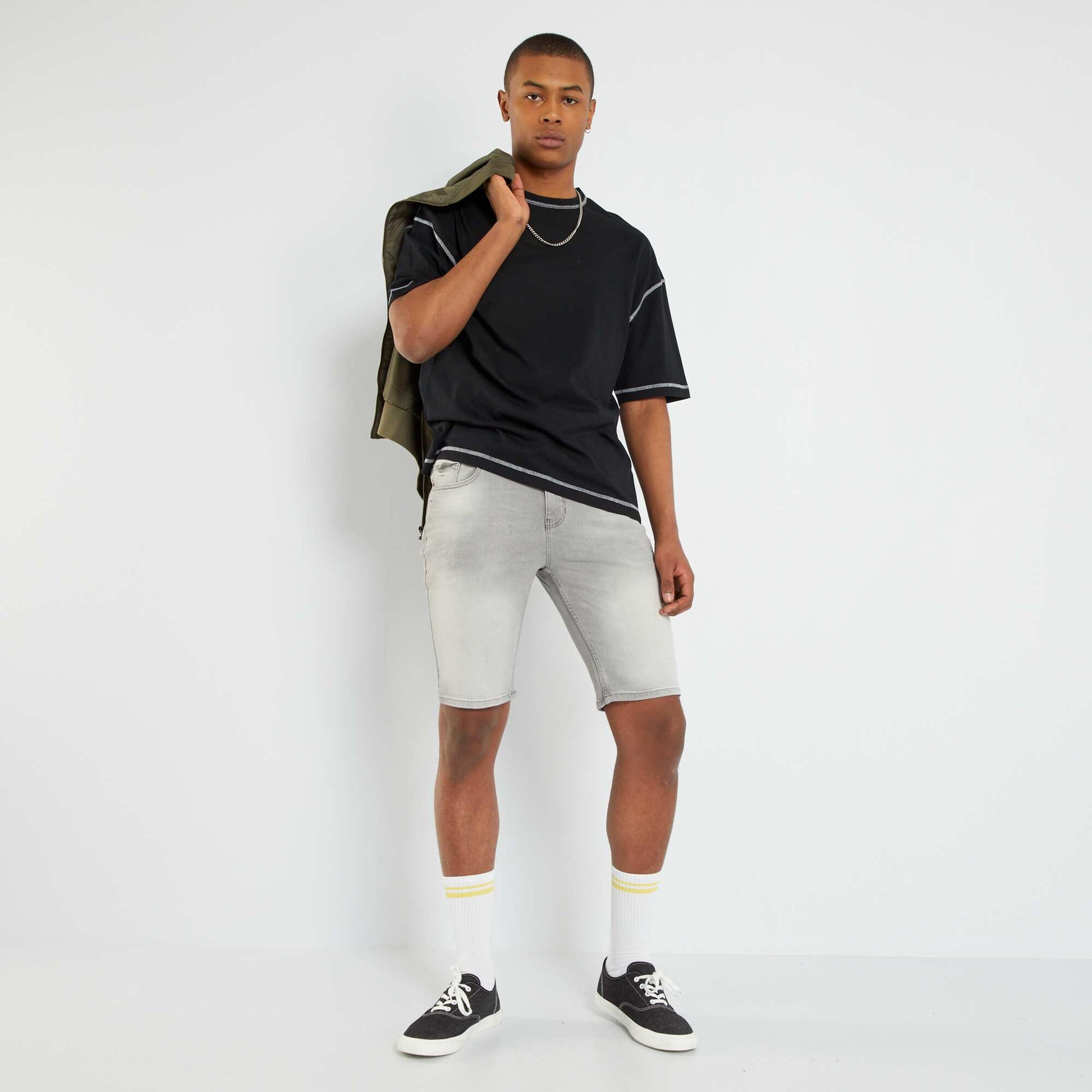 Denim Bermuda shorts with adjustable waist GREY