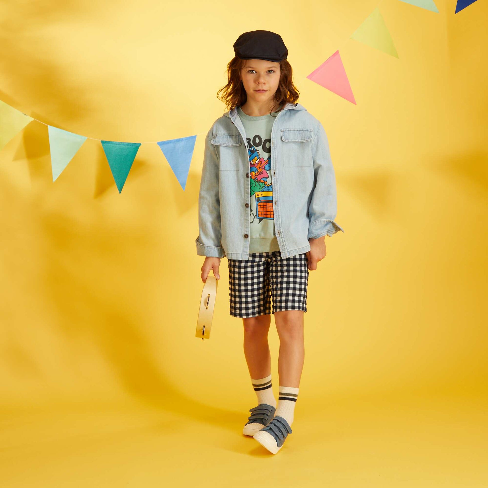 Crinkle knit gingham print Bermuda shorts BLUE