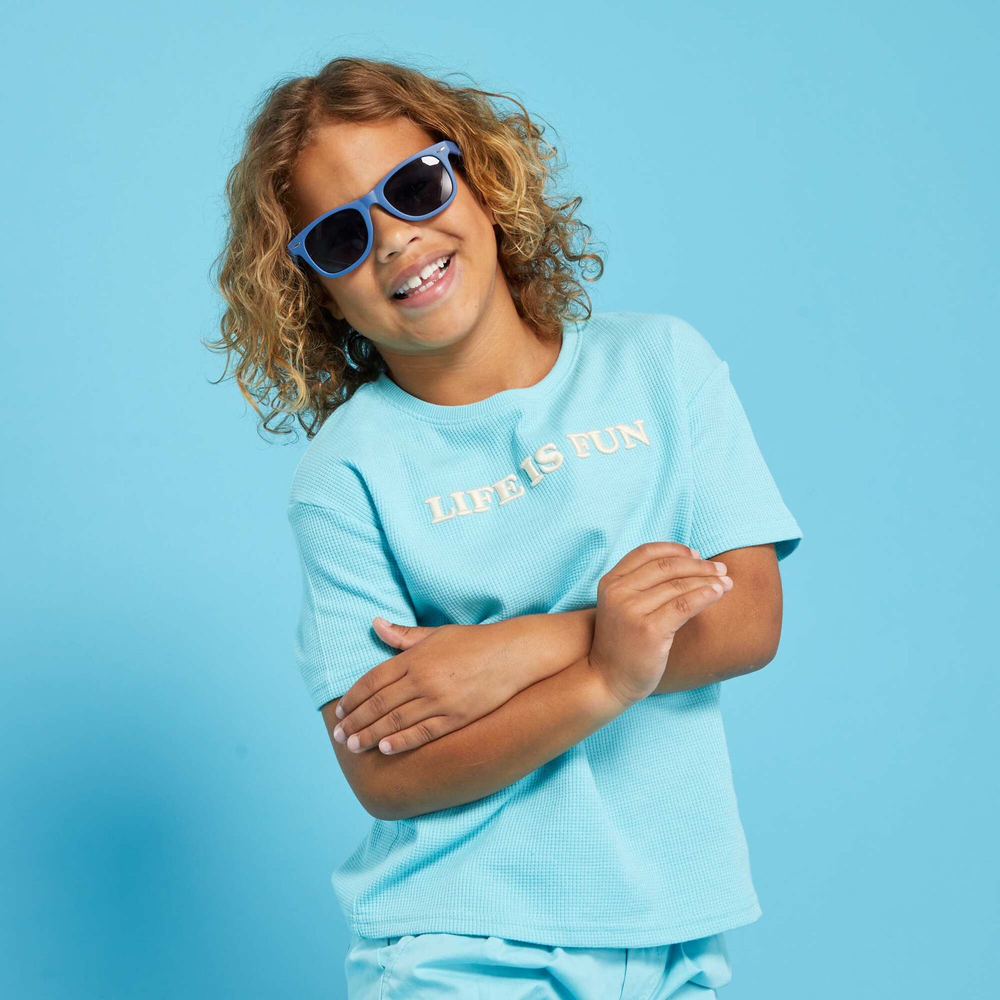 Waffle-knit T-shirt BLUE