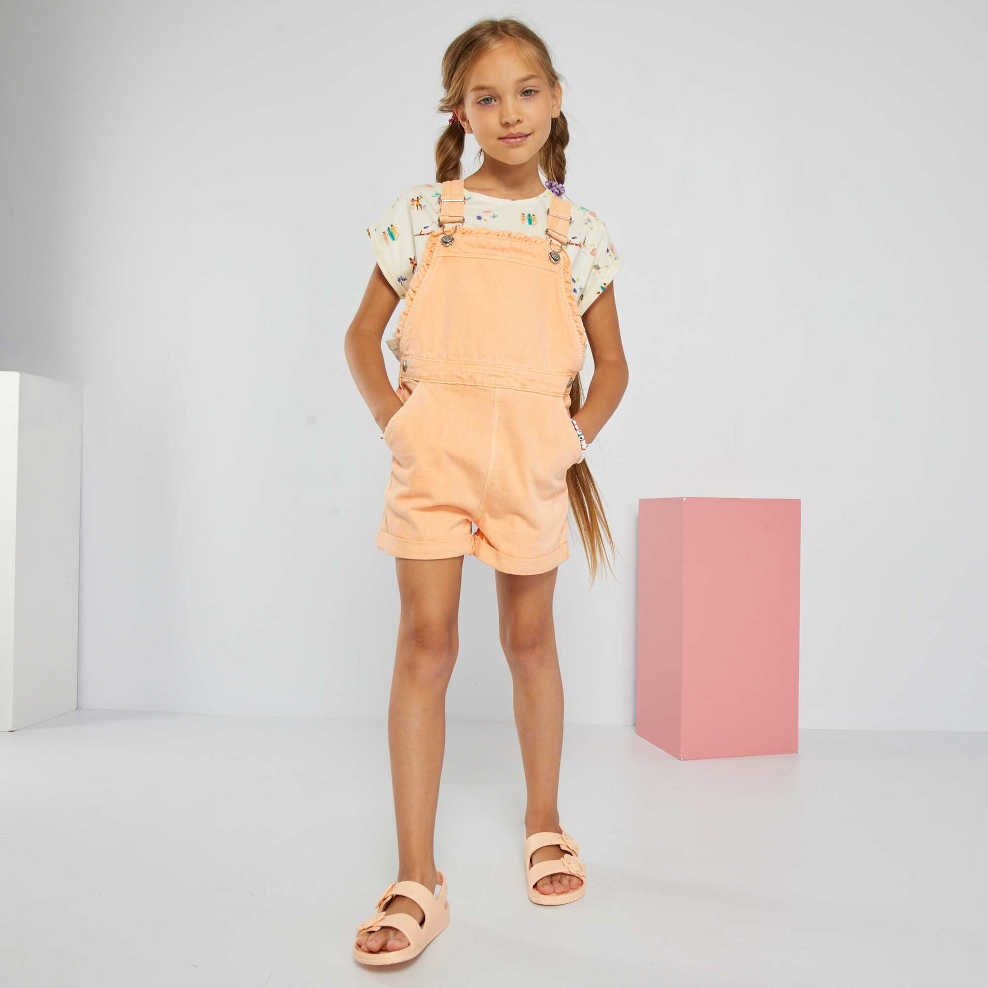 Denim dungaree shorts ORANGE