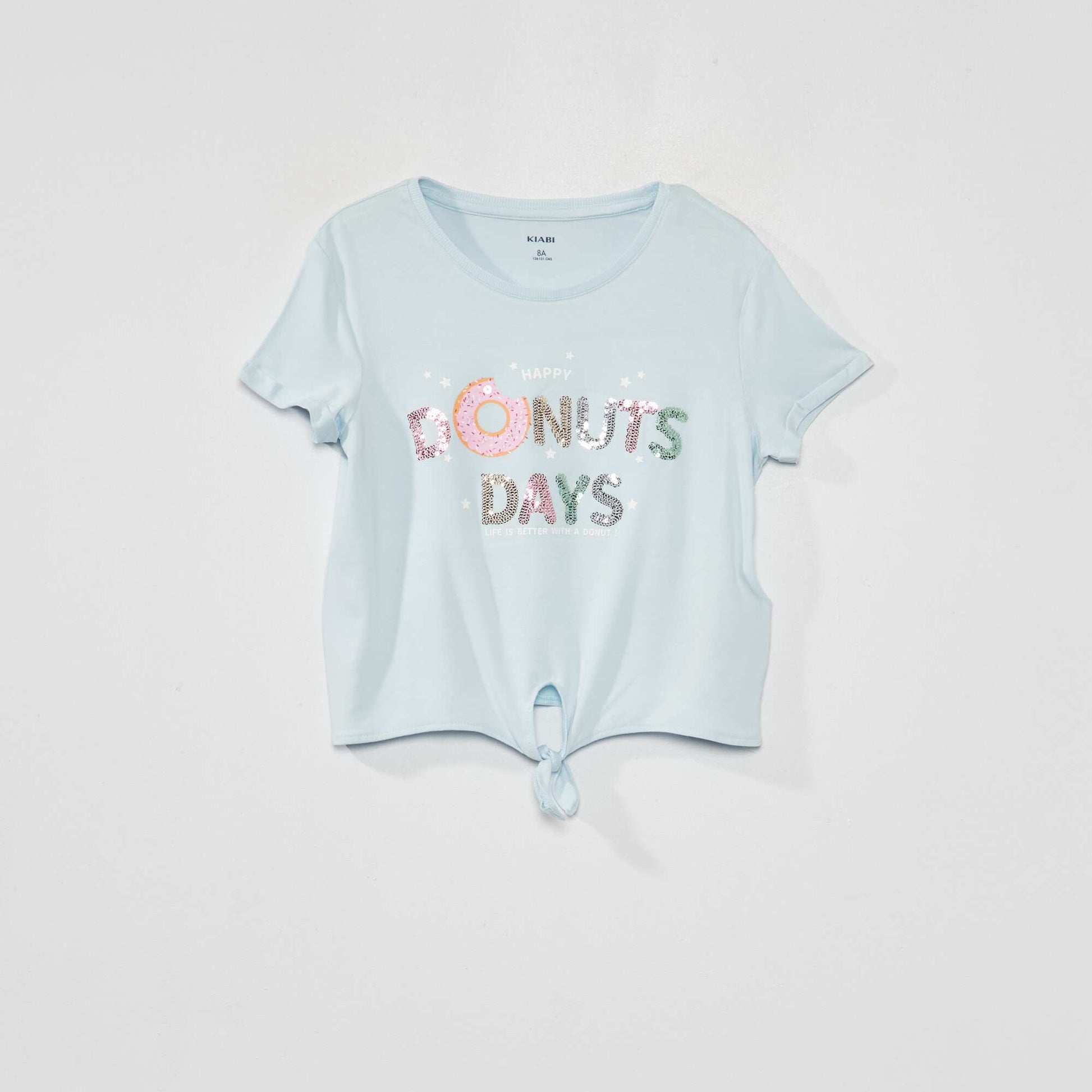 Knotted T-shirt with sequin print BLUE