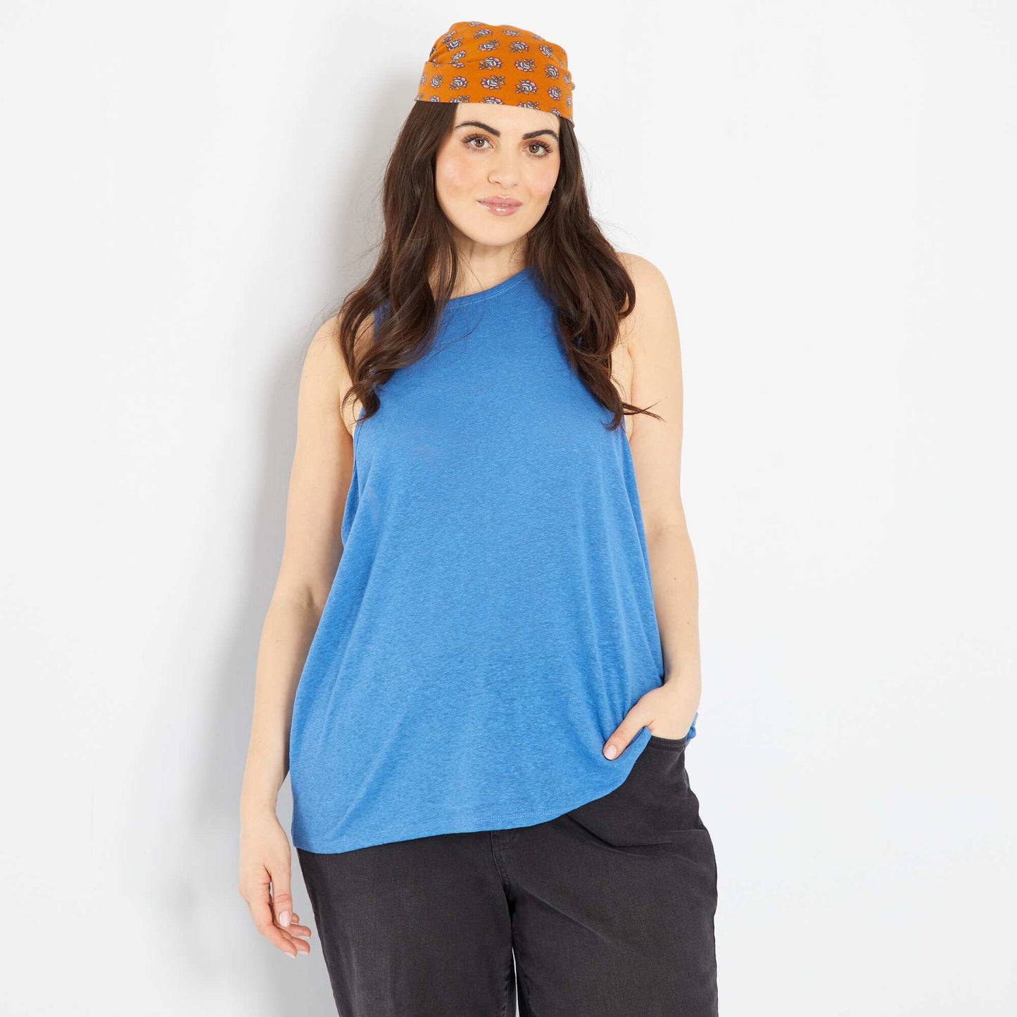 Linen top with cutaway arms BLUE
