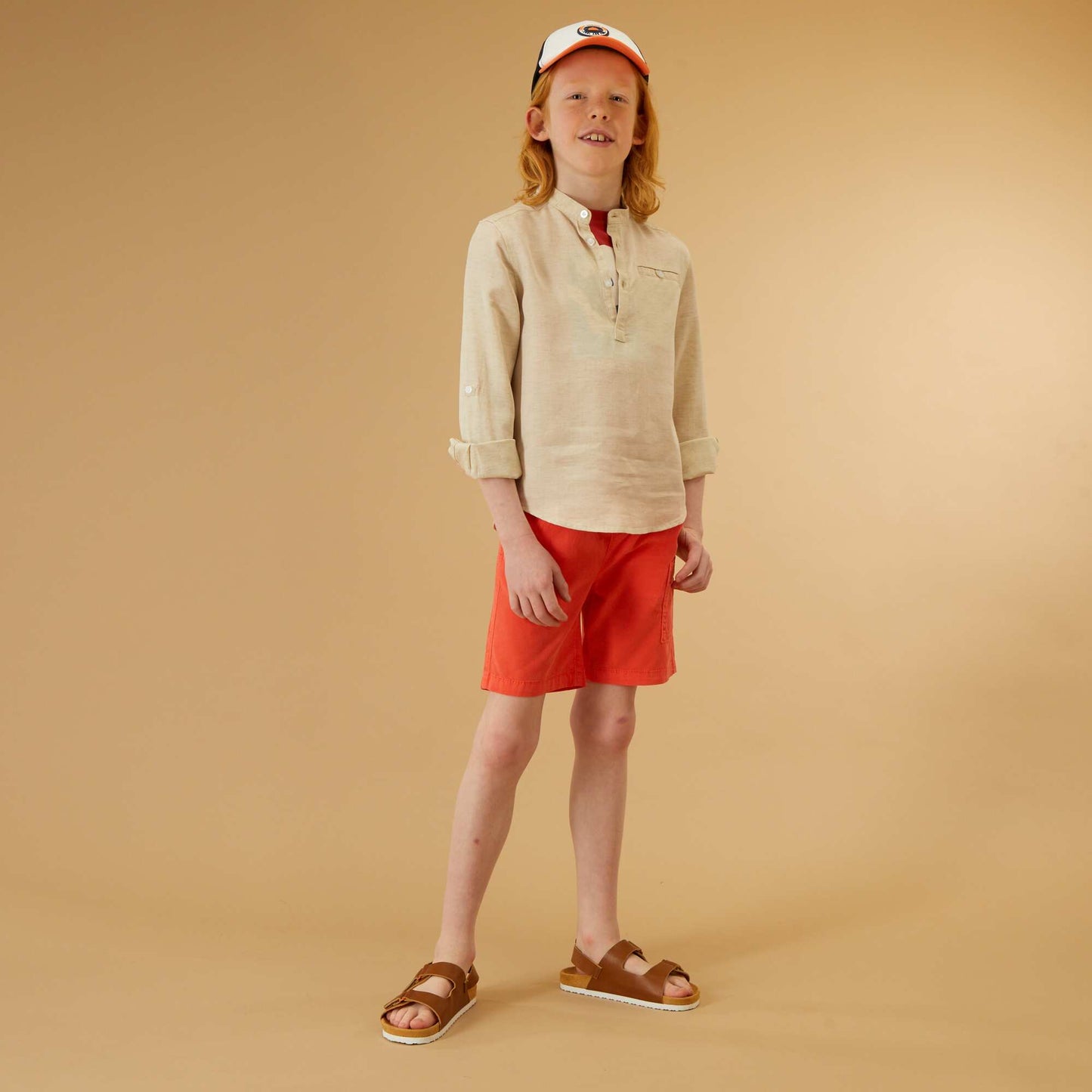Lyocell and linen shirt with mandarin collar BEIGE