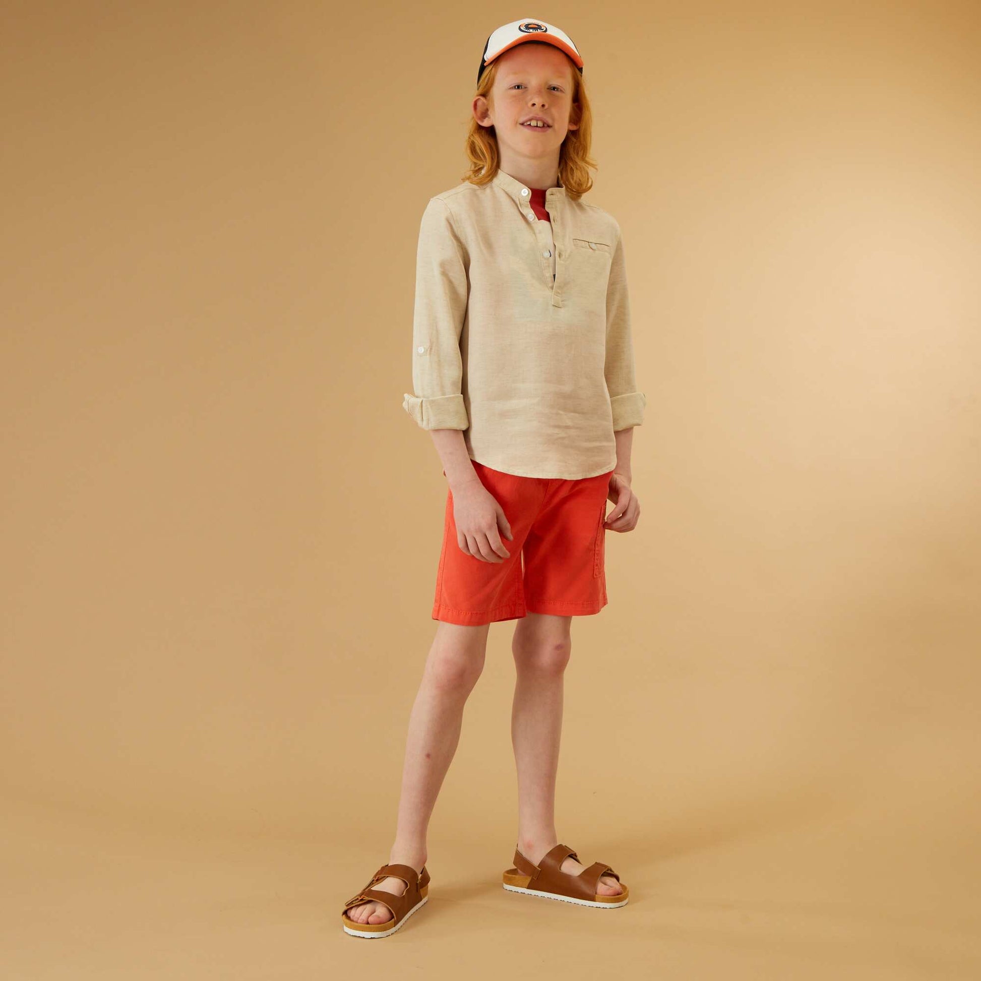 Lyocell and linen shirt with mandarin collar BEIGE