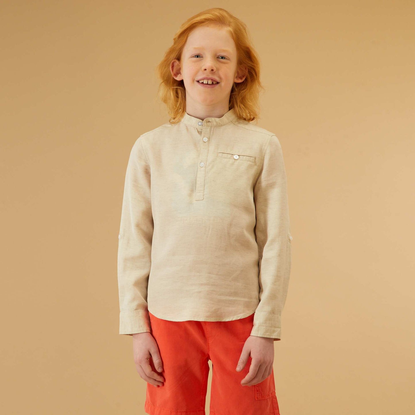 Lyocell and linen shirt with mandarin collar BEIGE