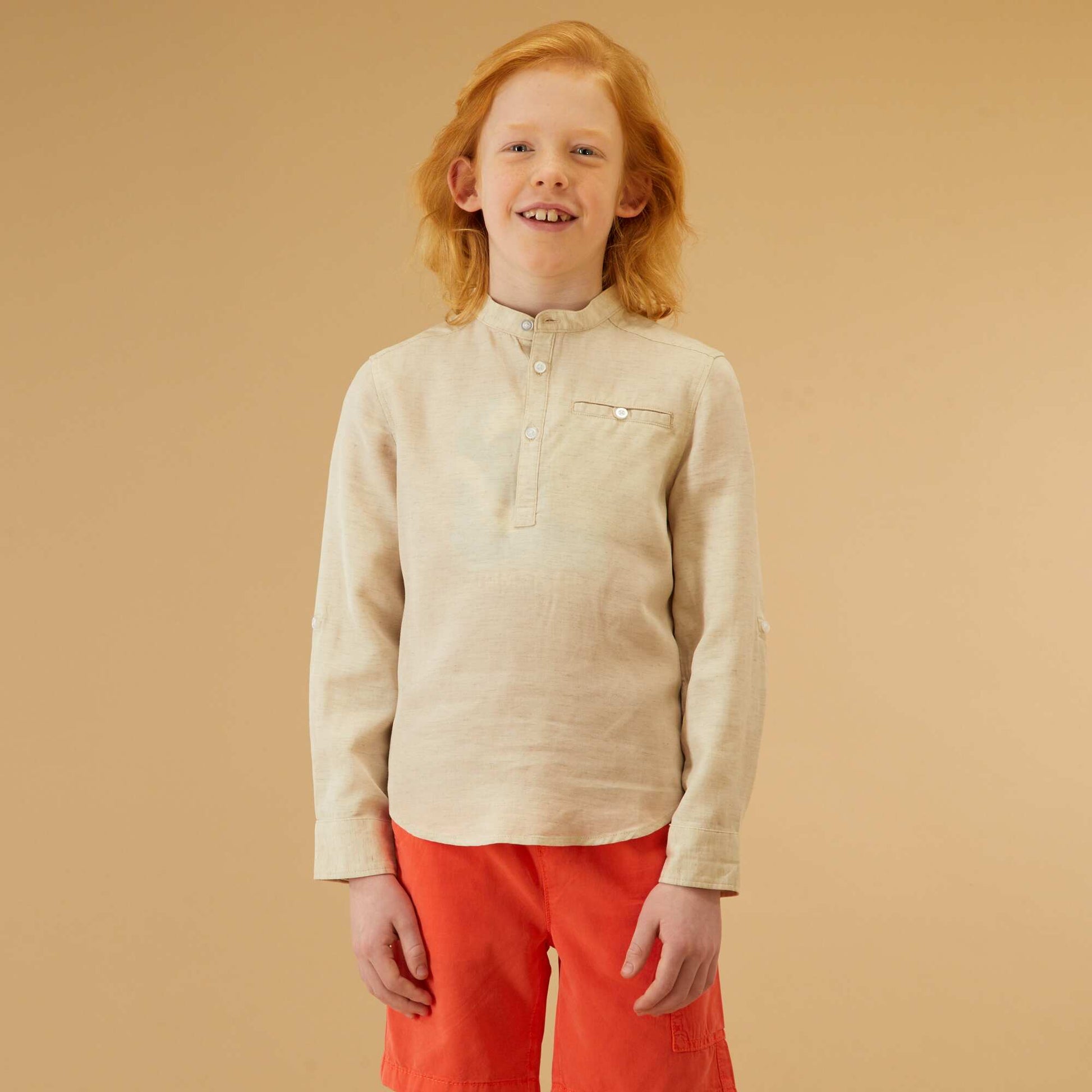 Lyocell and linen shirt with mandarin collar BEIGE