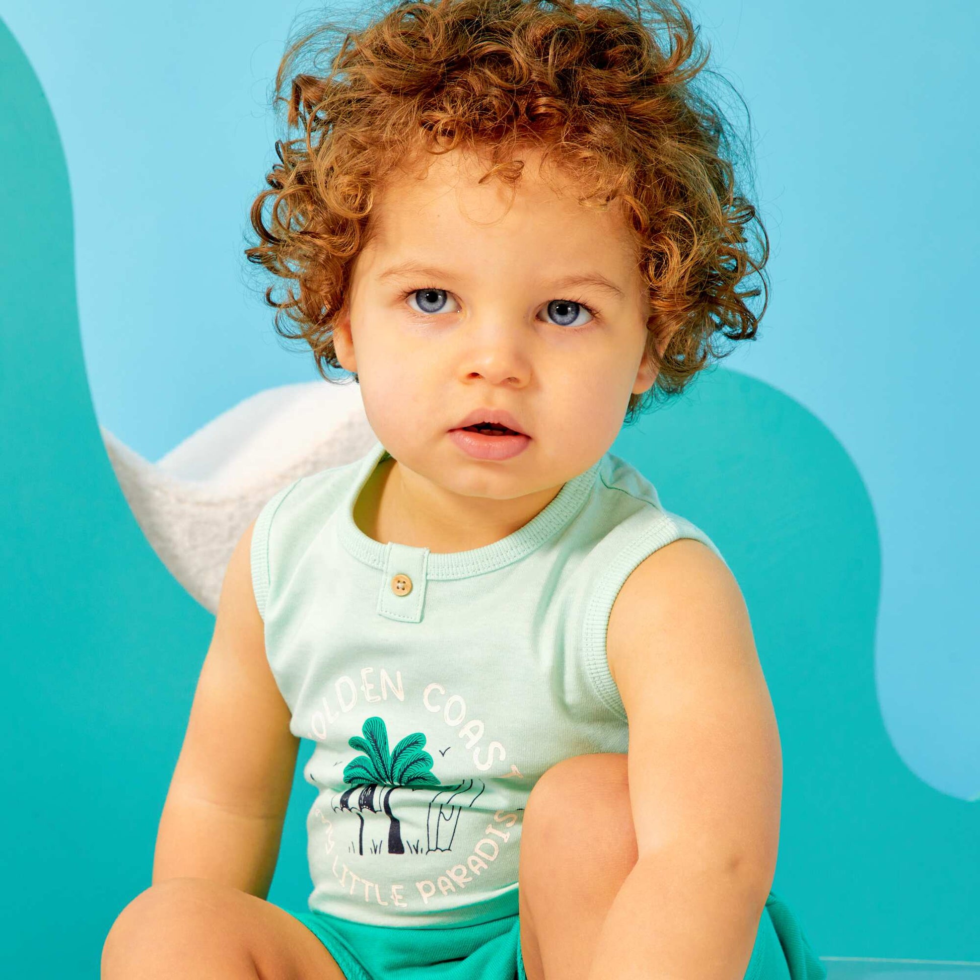 Printed French terry vest top + shorts set GREEN