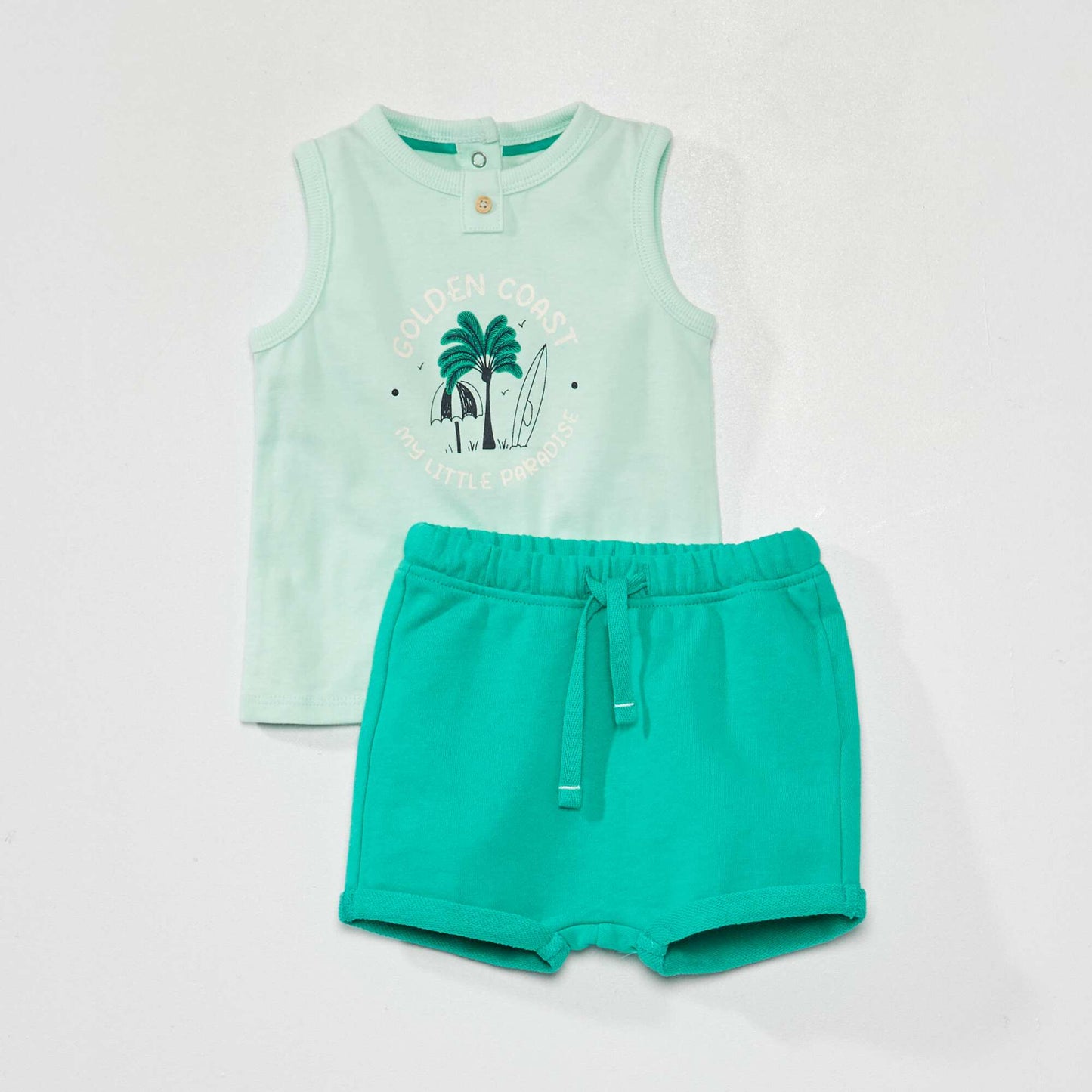 Printed French terry vest top + shorts set GREEN