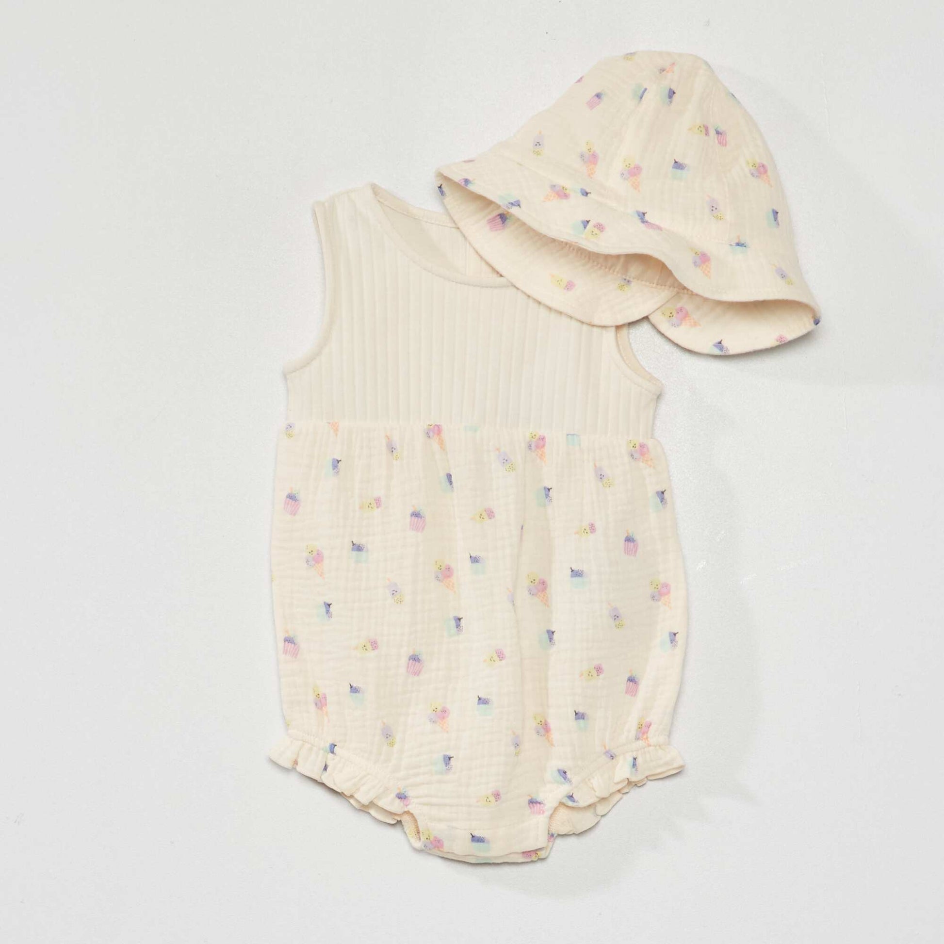 Ice-cream pattern romper + bucket hat set WHITE