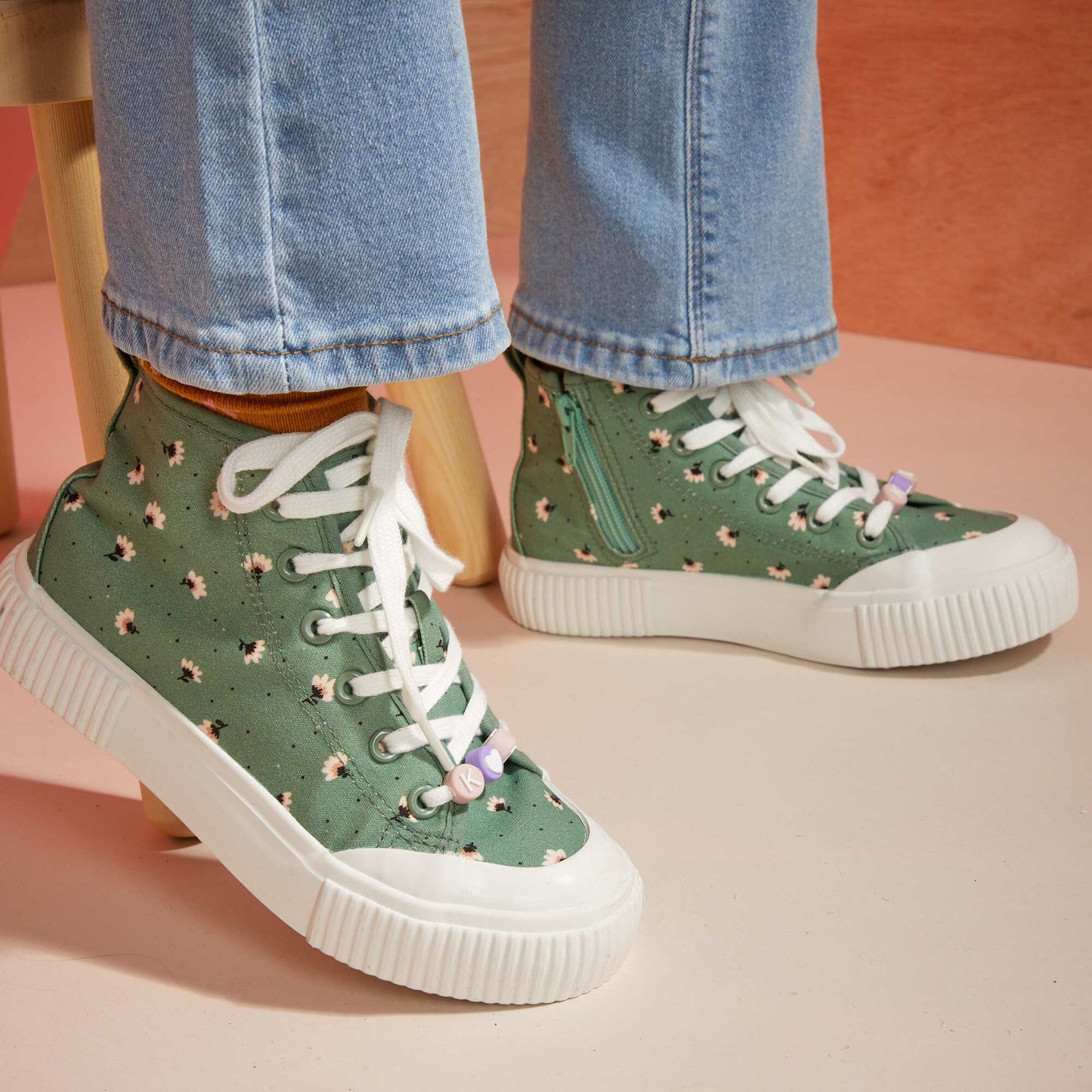 High-top canvas trainers flower print