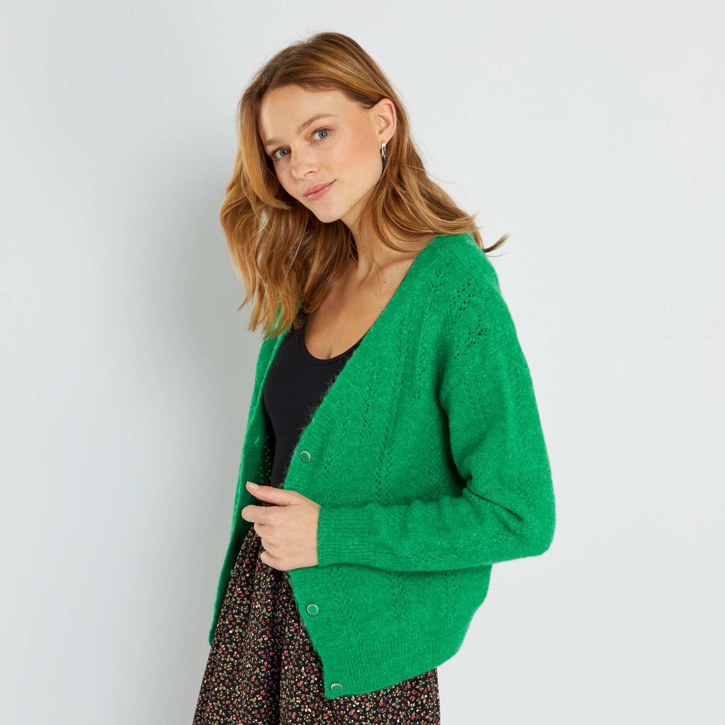 Openwork knitted cardigan garden green