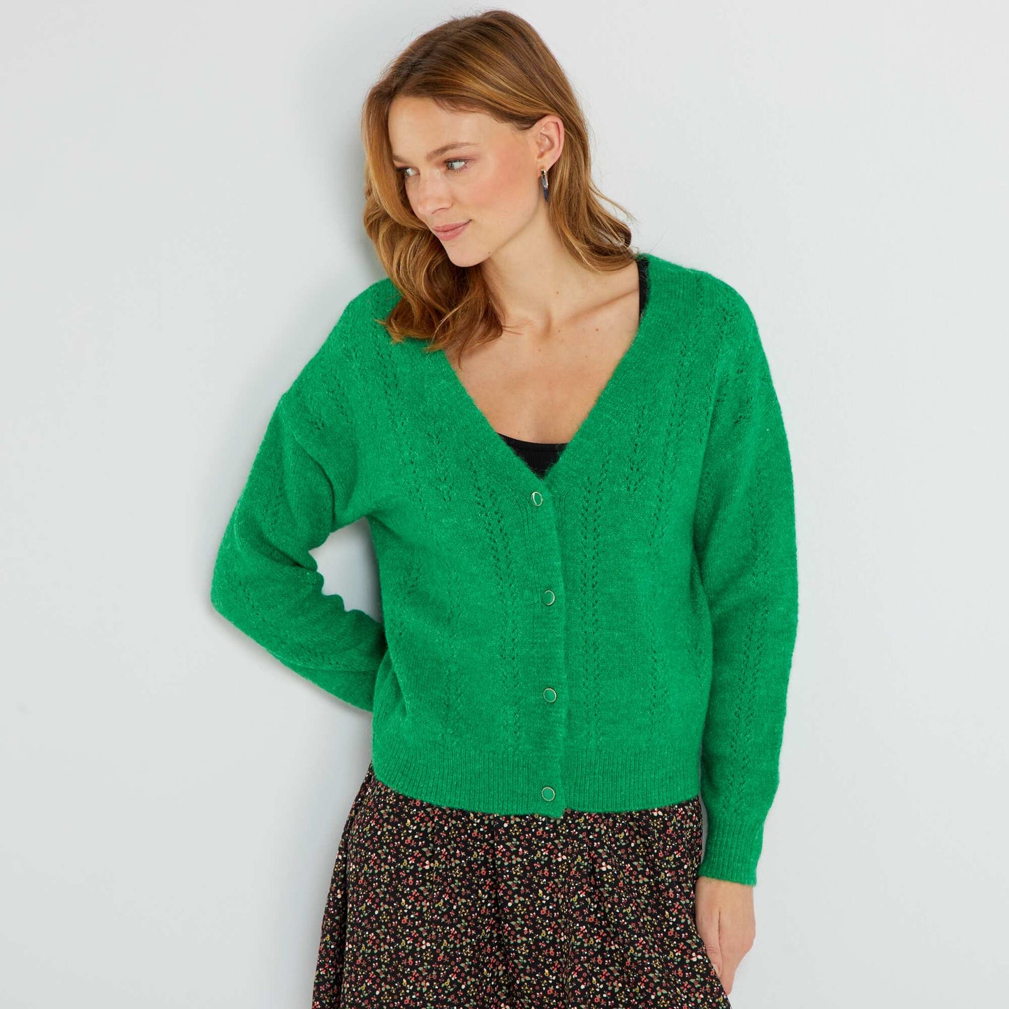 Openwork knitted cardigan garden green