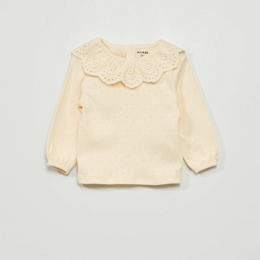 Pointelle knit T-shirt with lace neckline WHITE