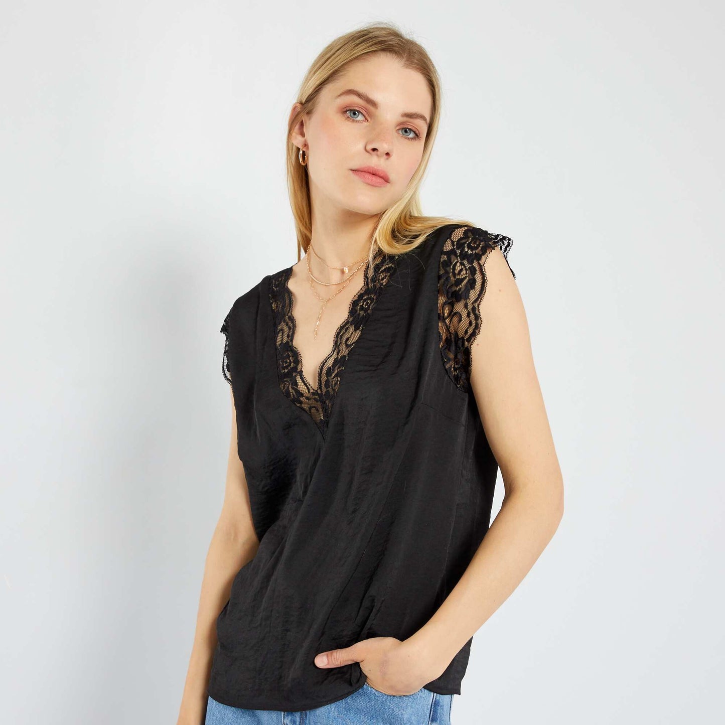 Satin blouse with lace Black