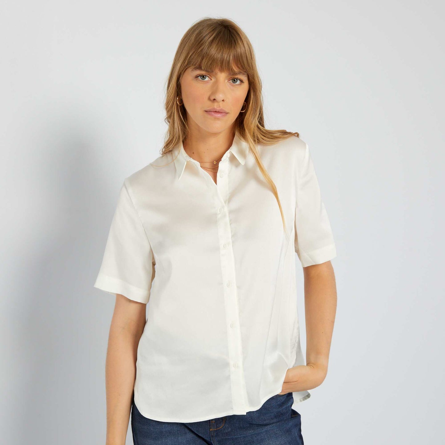 Short-sleeved satin-effect shirt White