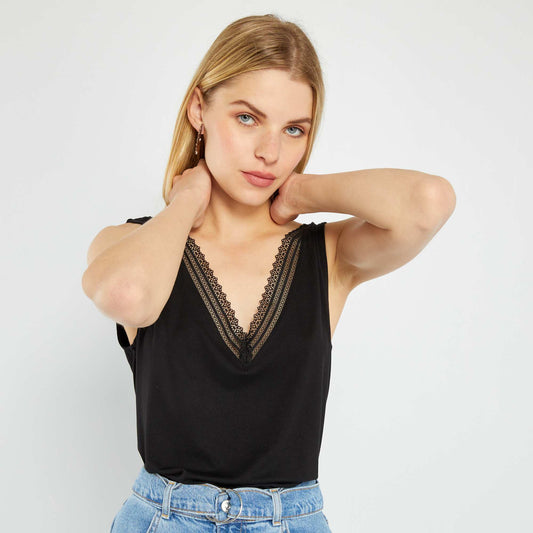 Stretch vest top with lace Black