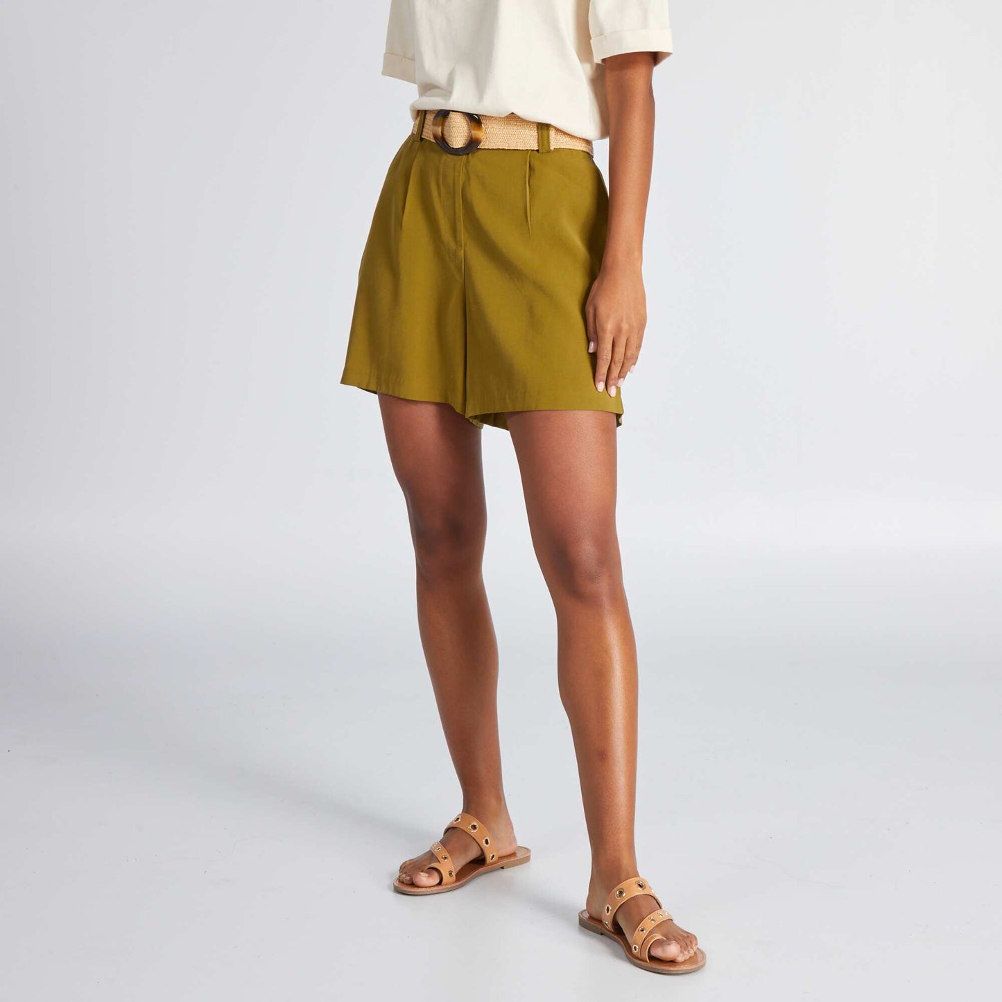 Flowing twill shorts with belt GREEN