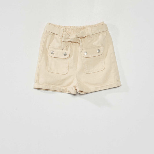 Denim paper bag shorts with tie belt BEIGE