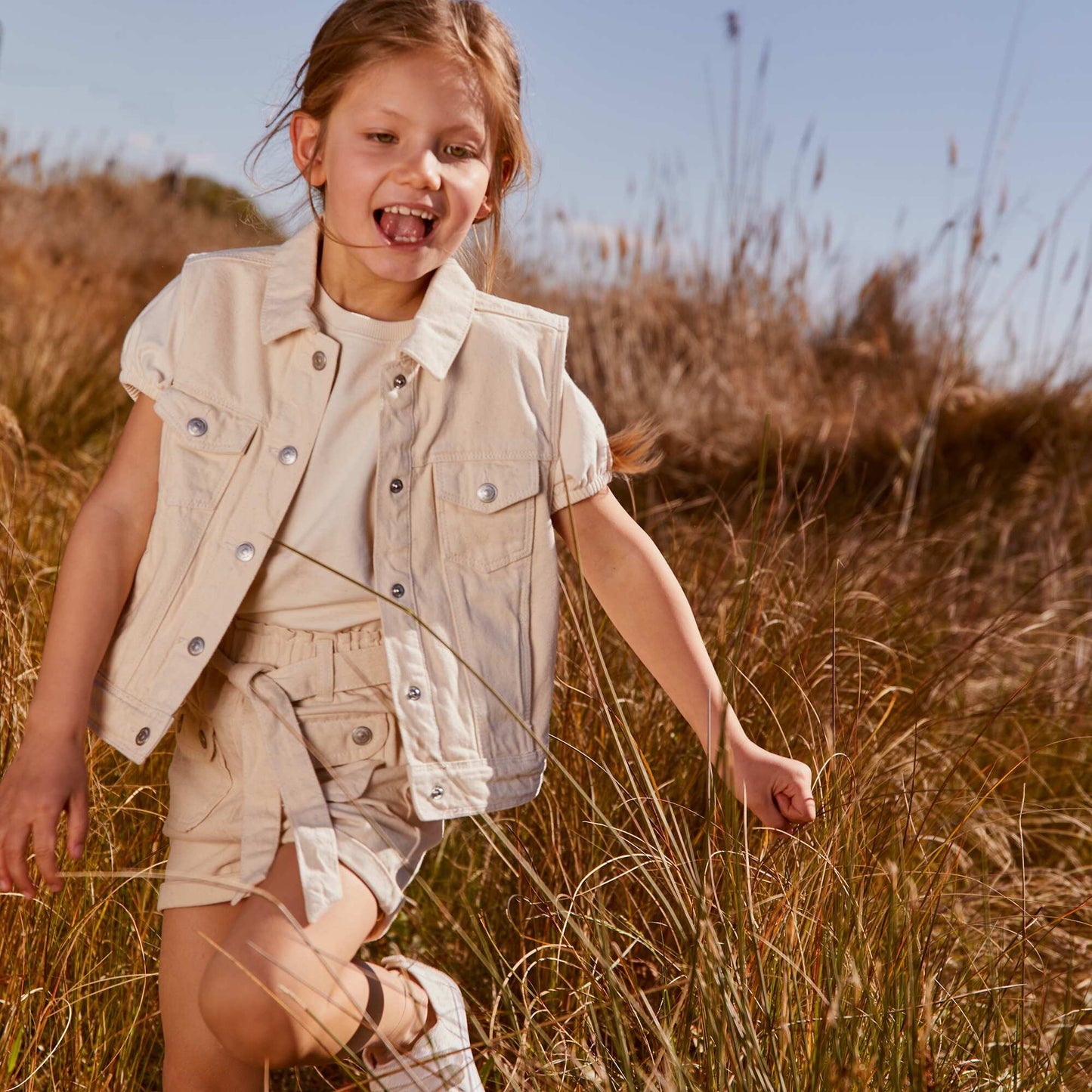 Denim paper bag shorts with tie belt BEIGE