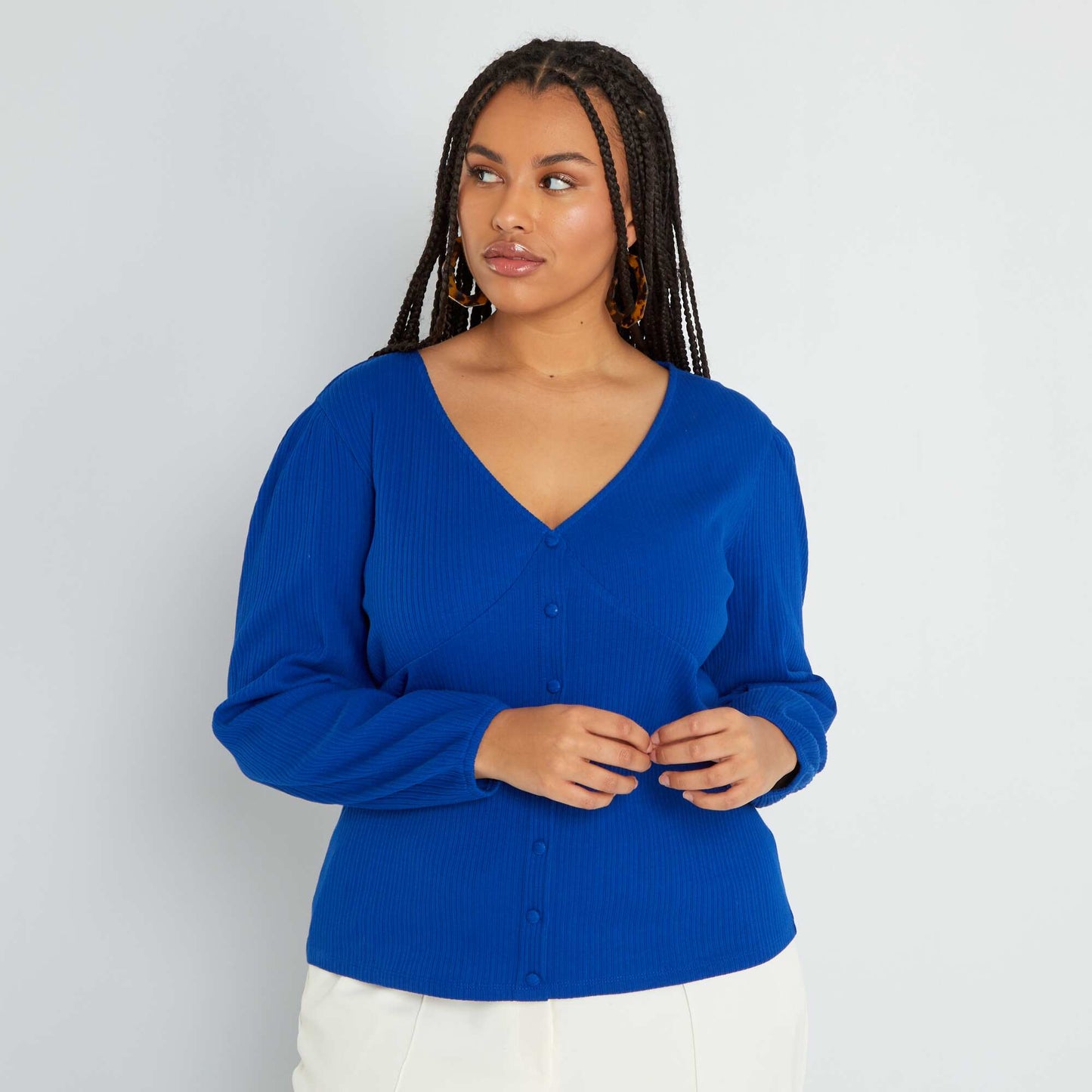 Ribbed cardigan with V-neck blue