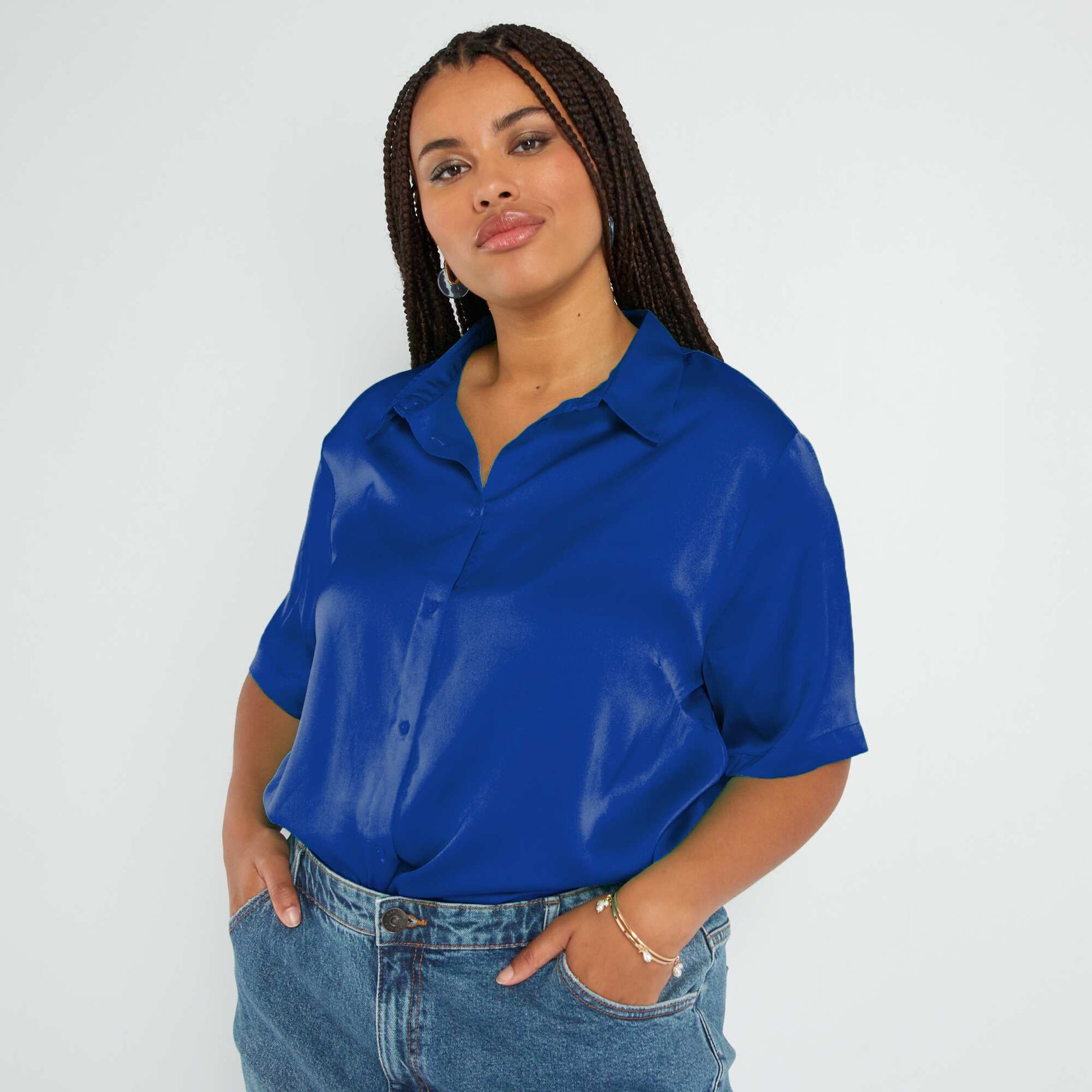 Satin-effect blouse with cutaway collar BLUE WEB