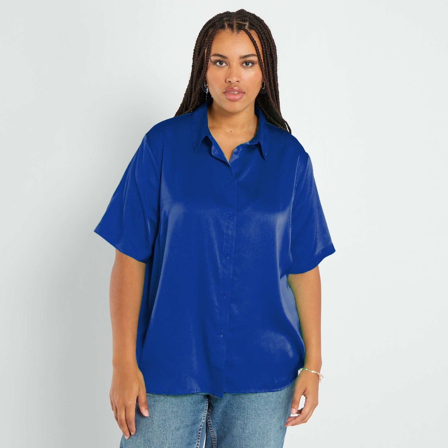 Satin-effect blouse with cutaway collar BLUE WEB