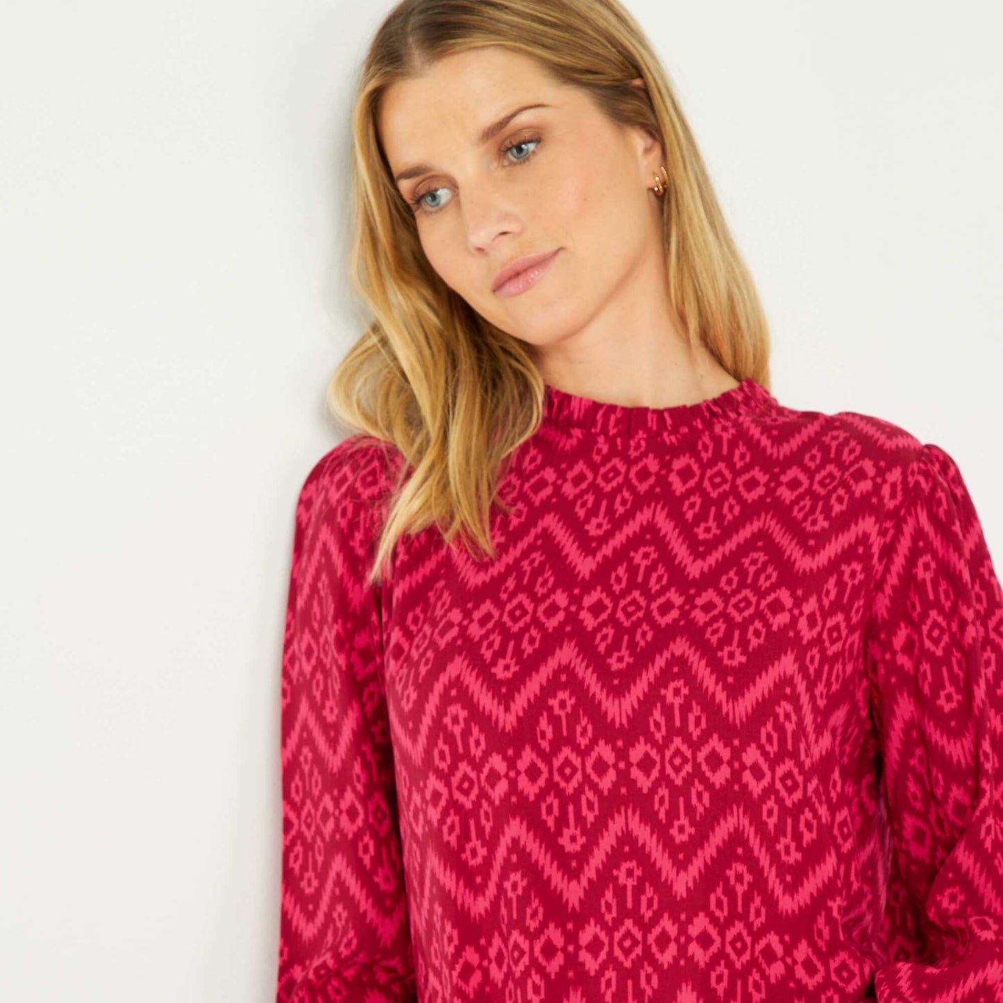 Printed blouse with high ruffled neck PINK