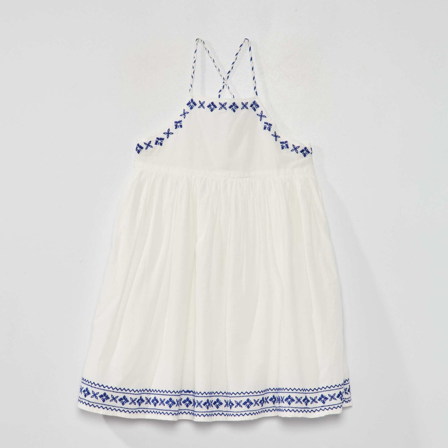 Embroidered full-skirt dress white/blue
