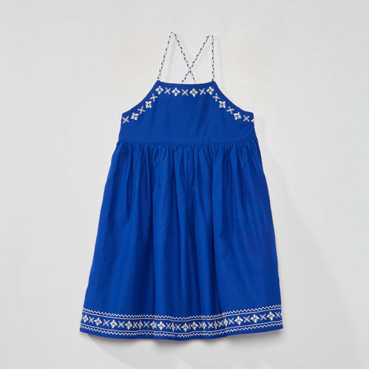 Embroidered full-skirt dress blue/white