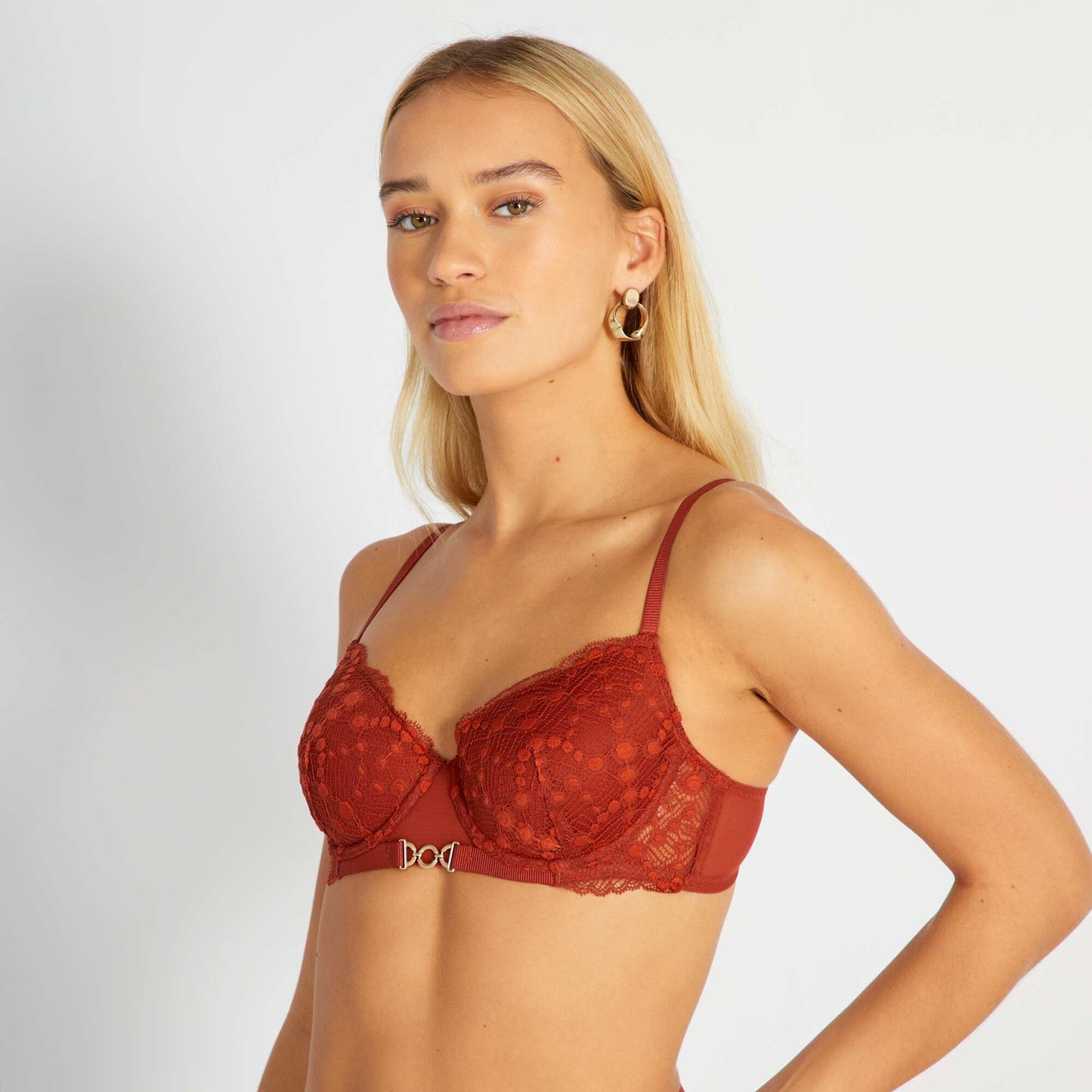 Plunging demi-cup lace bra ORANGE