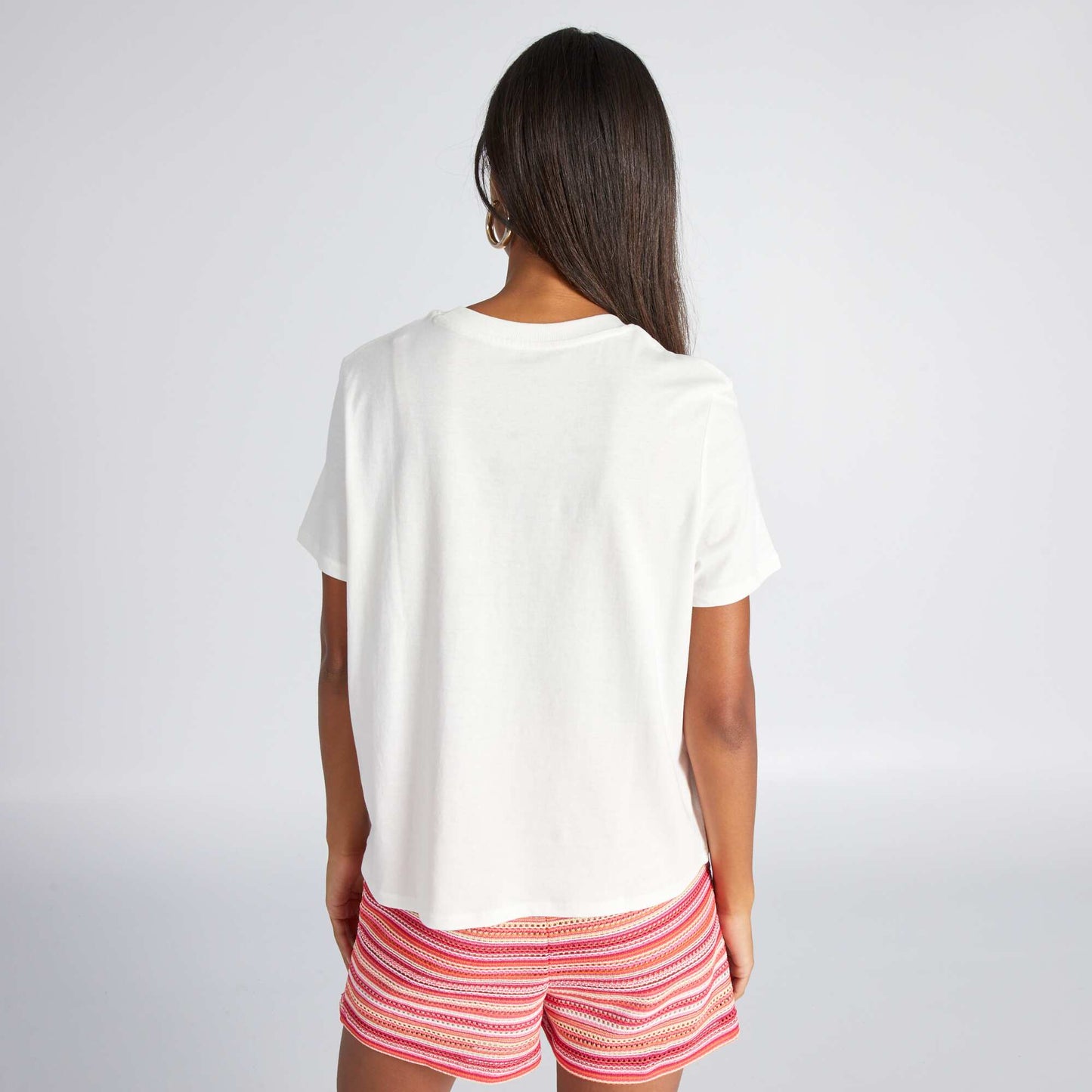 Short-sleeved T-shirt with crochet knit pocket WHITE