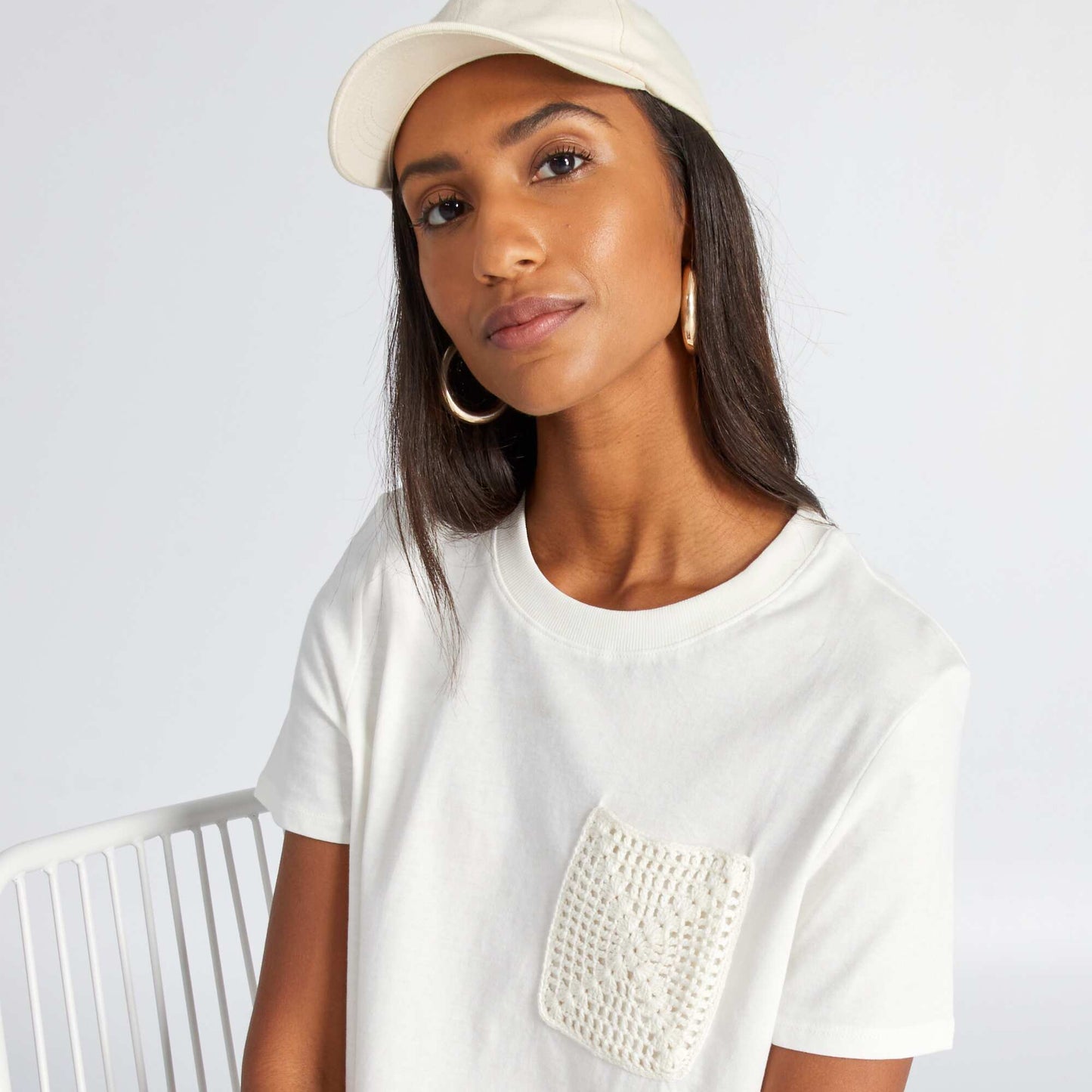 Short-sleeved T-shirt with crochet knit pocket WHITE