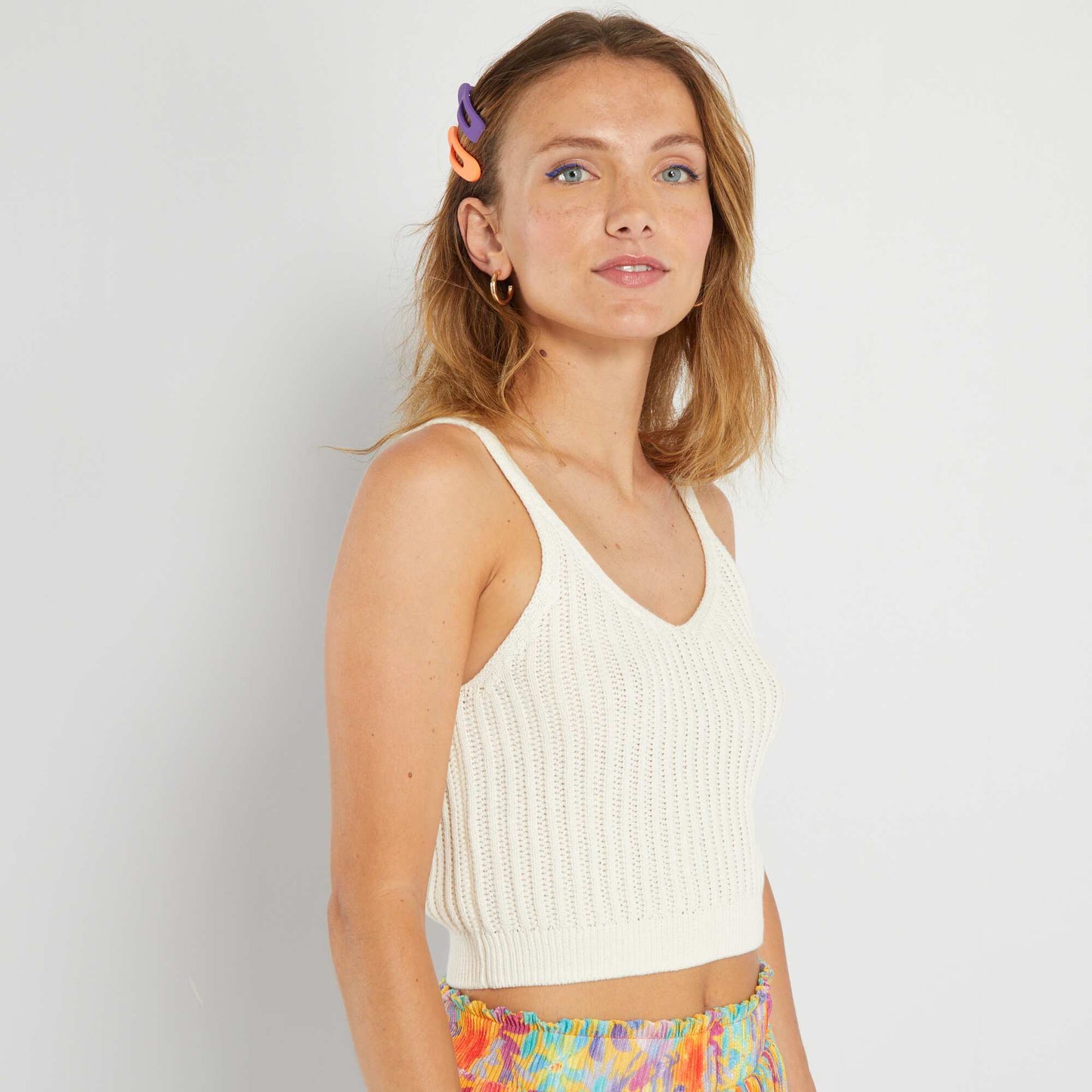 Cropped crochet knit vest top WHITE