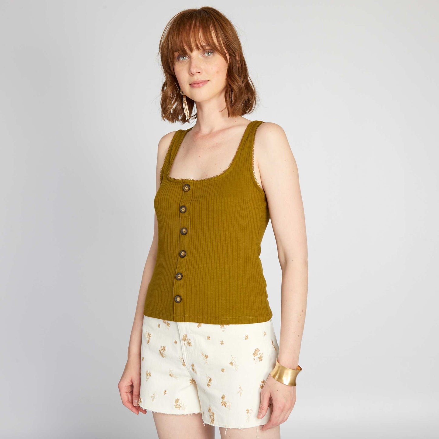 Ribbed vest top with buttons GREEN