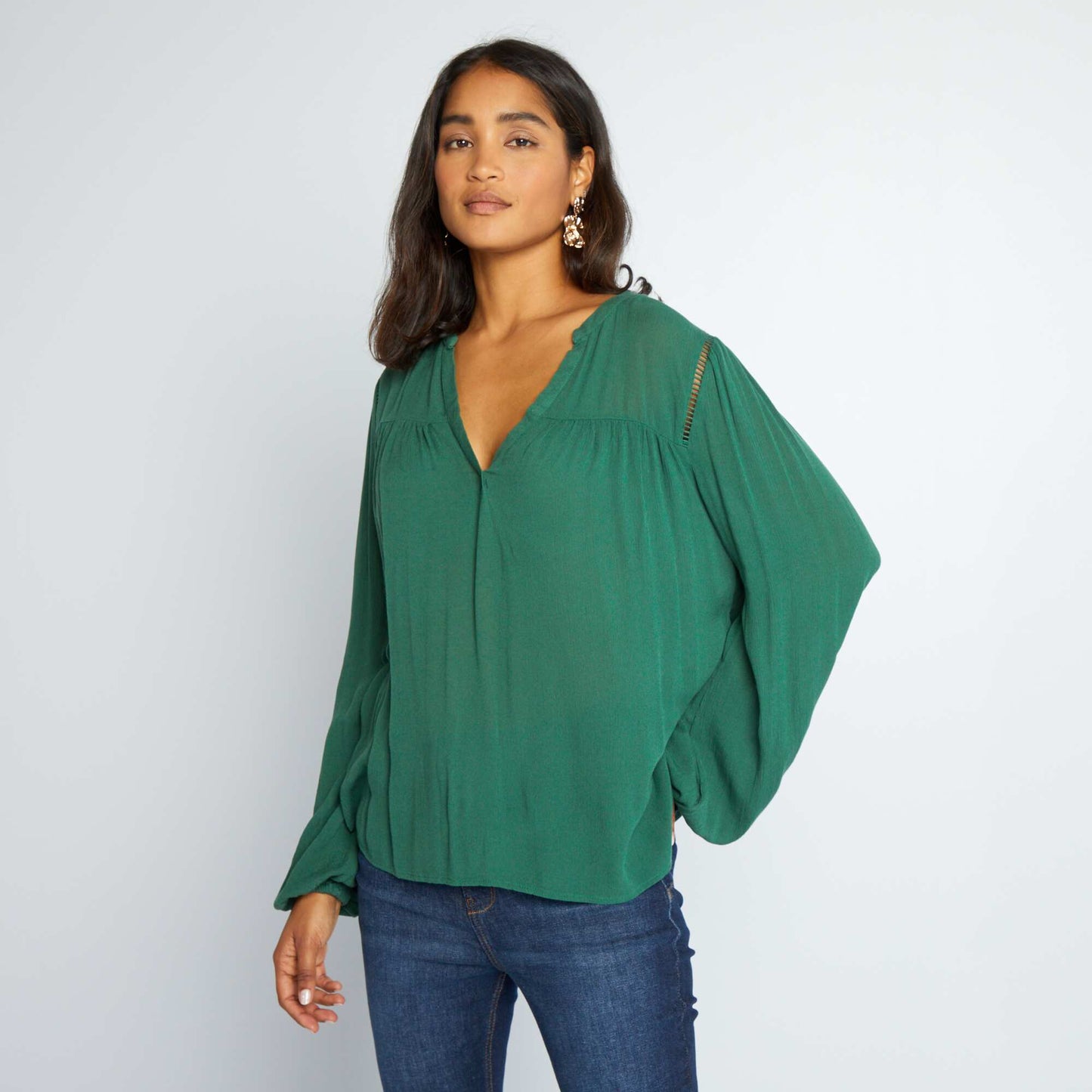 Crêpe knit blouse with openwork trim Green