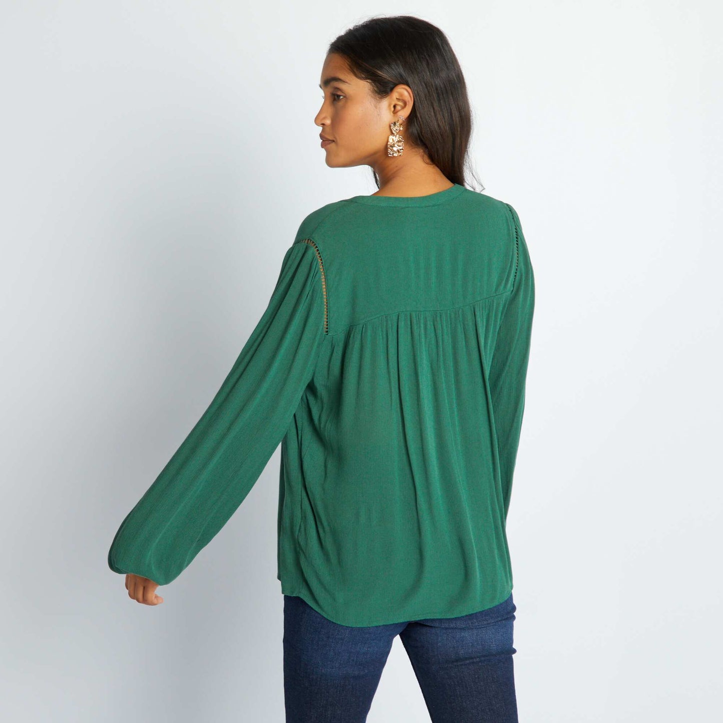 Crêpe knit blouse with openwork trim Green