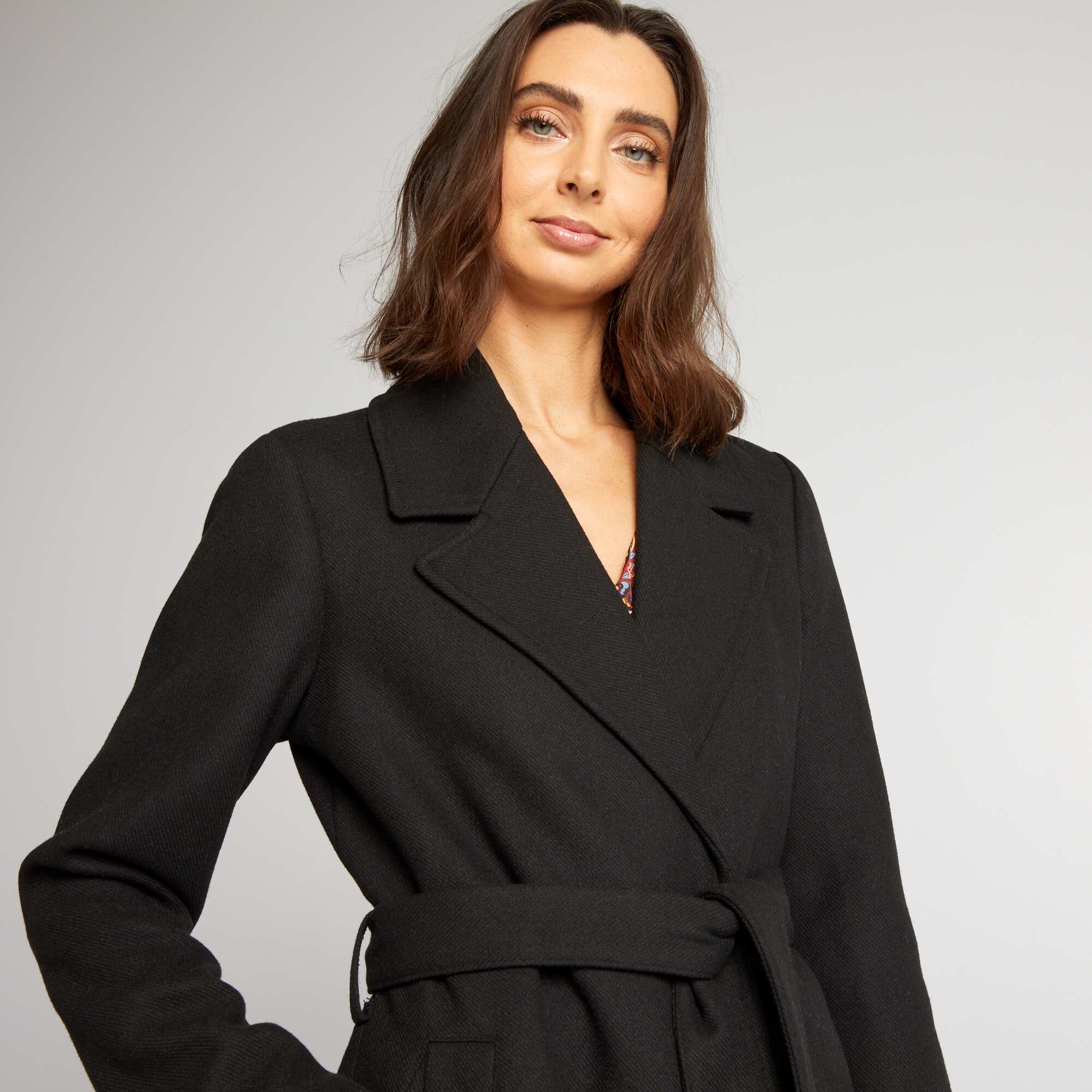 Long black coat hot sale with belt