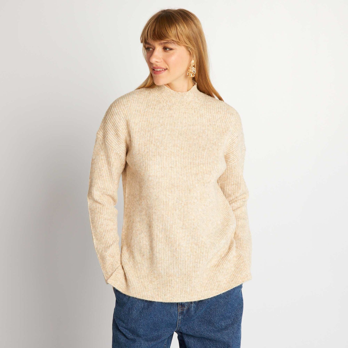 Knit sweater with high neck Beige