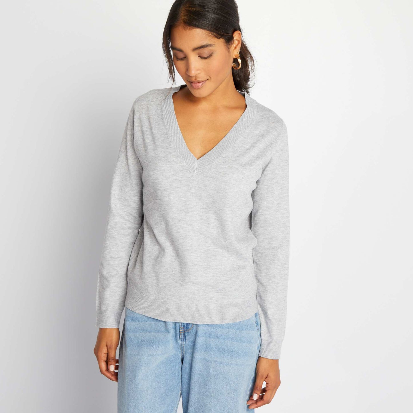 Knitted V-neck sweater L_GREY