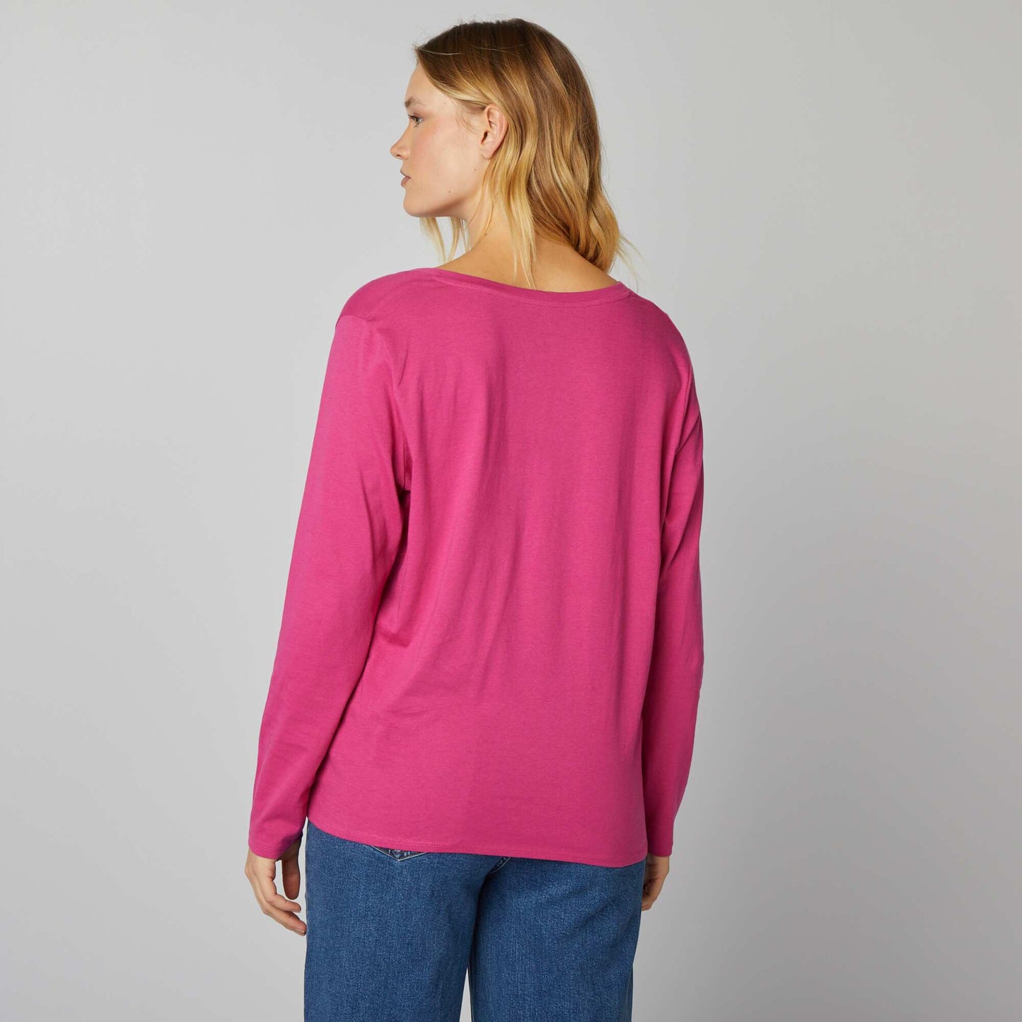 Basic long-sleeved V-neck T-shirt dark pink