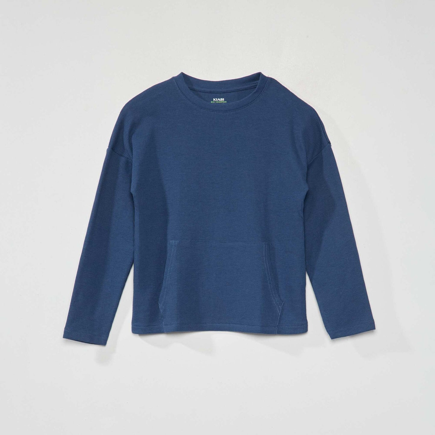 Long-sleeved waffle knit fabric T-shirt dark blue