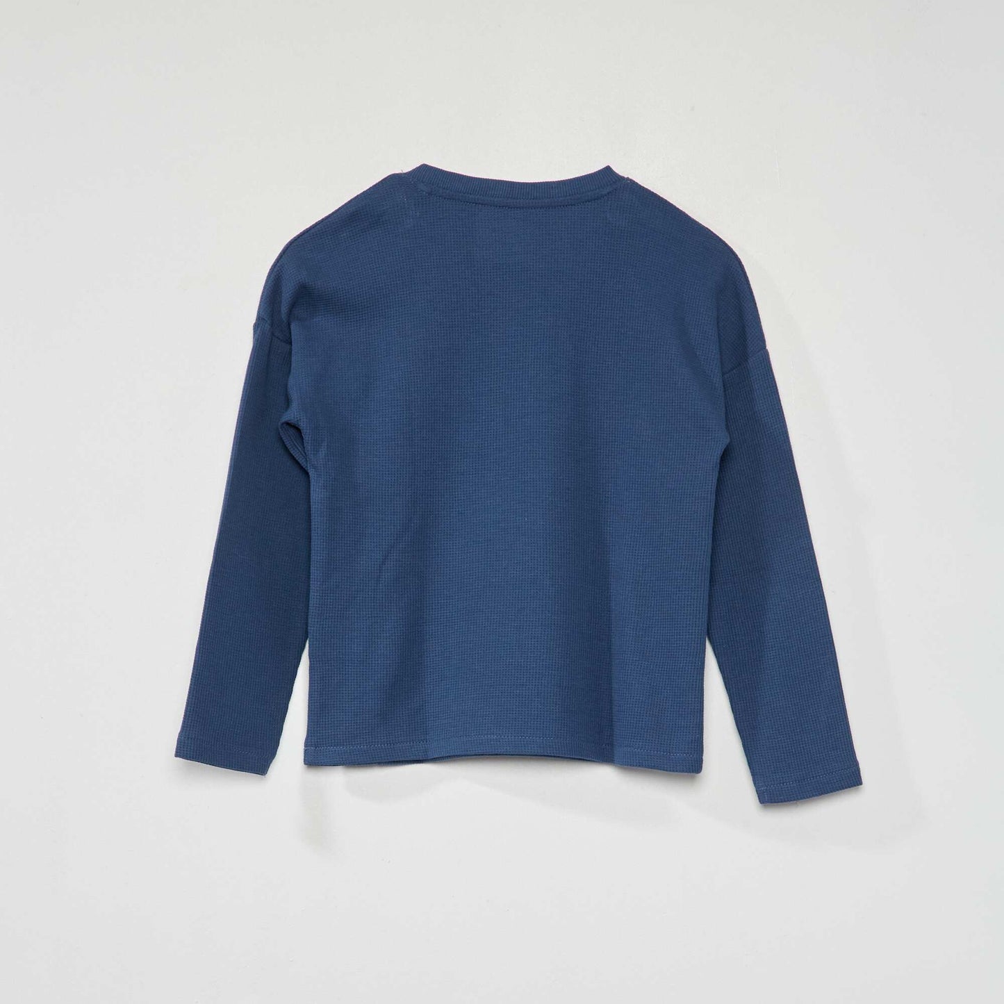 Long-sleeved waffle knit fabric T-shirt dark blue