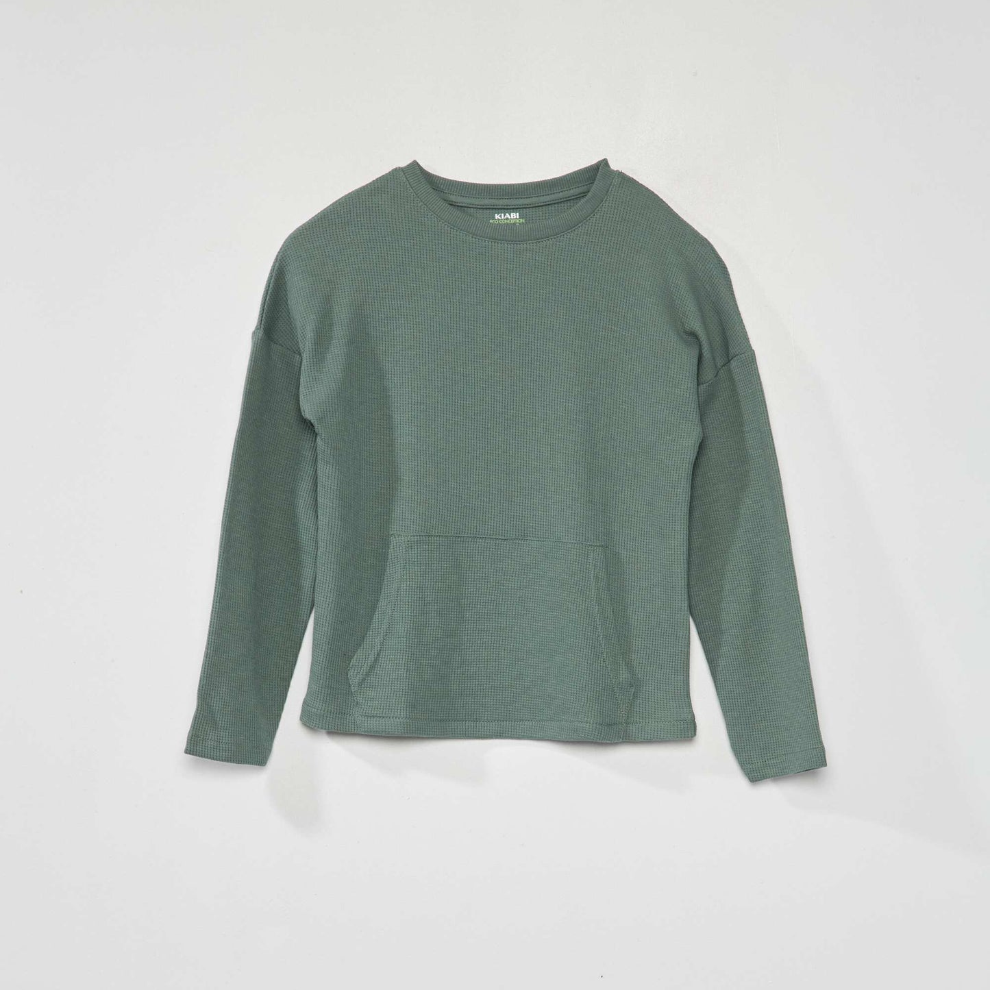 Long-sleeved waffle knit fabric T-shirt grey green