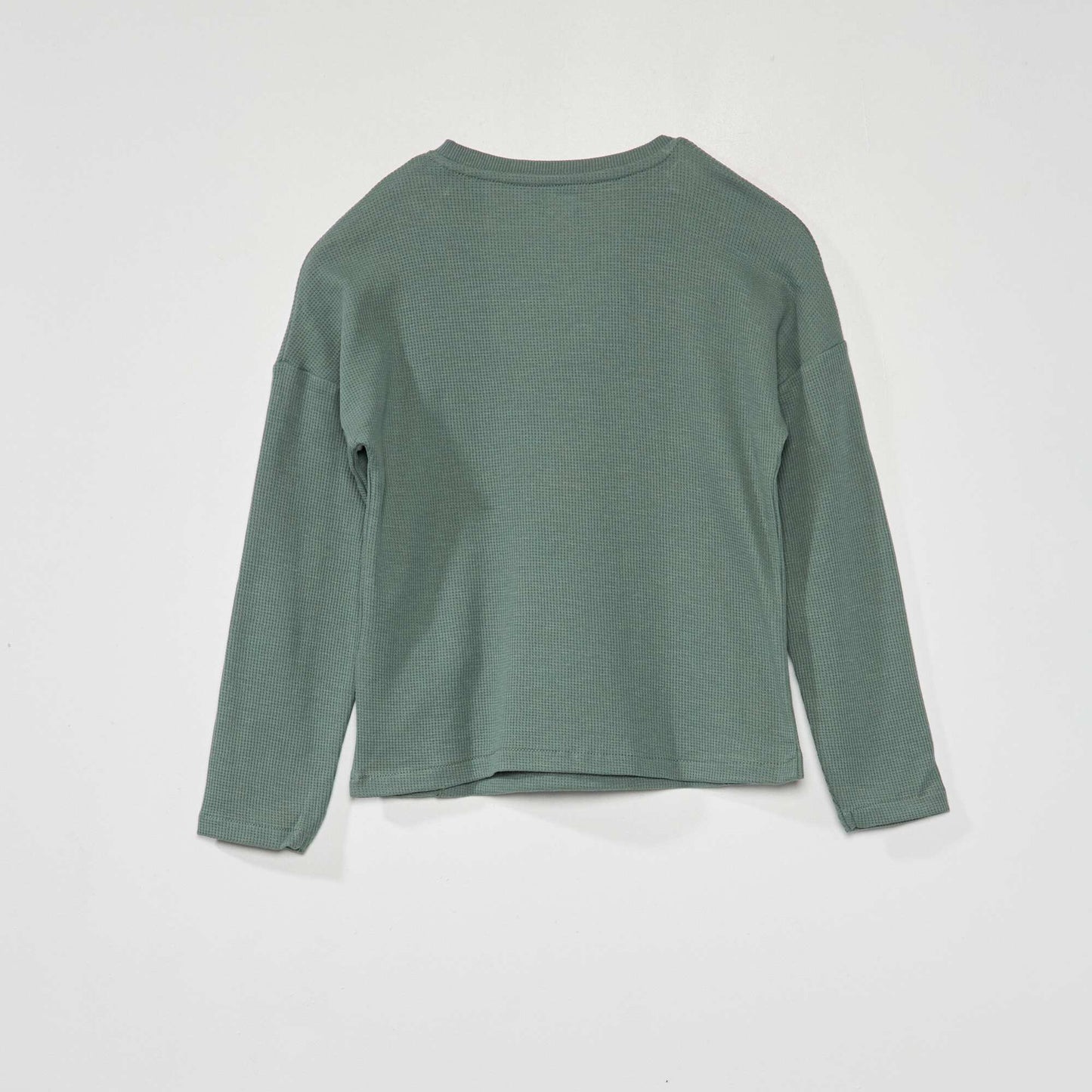 Long-sleeved waffle knit fabric T-shirt grey green